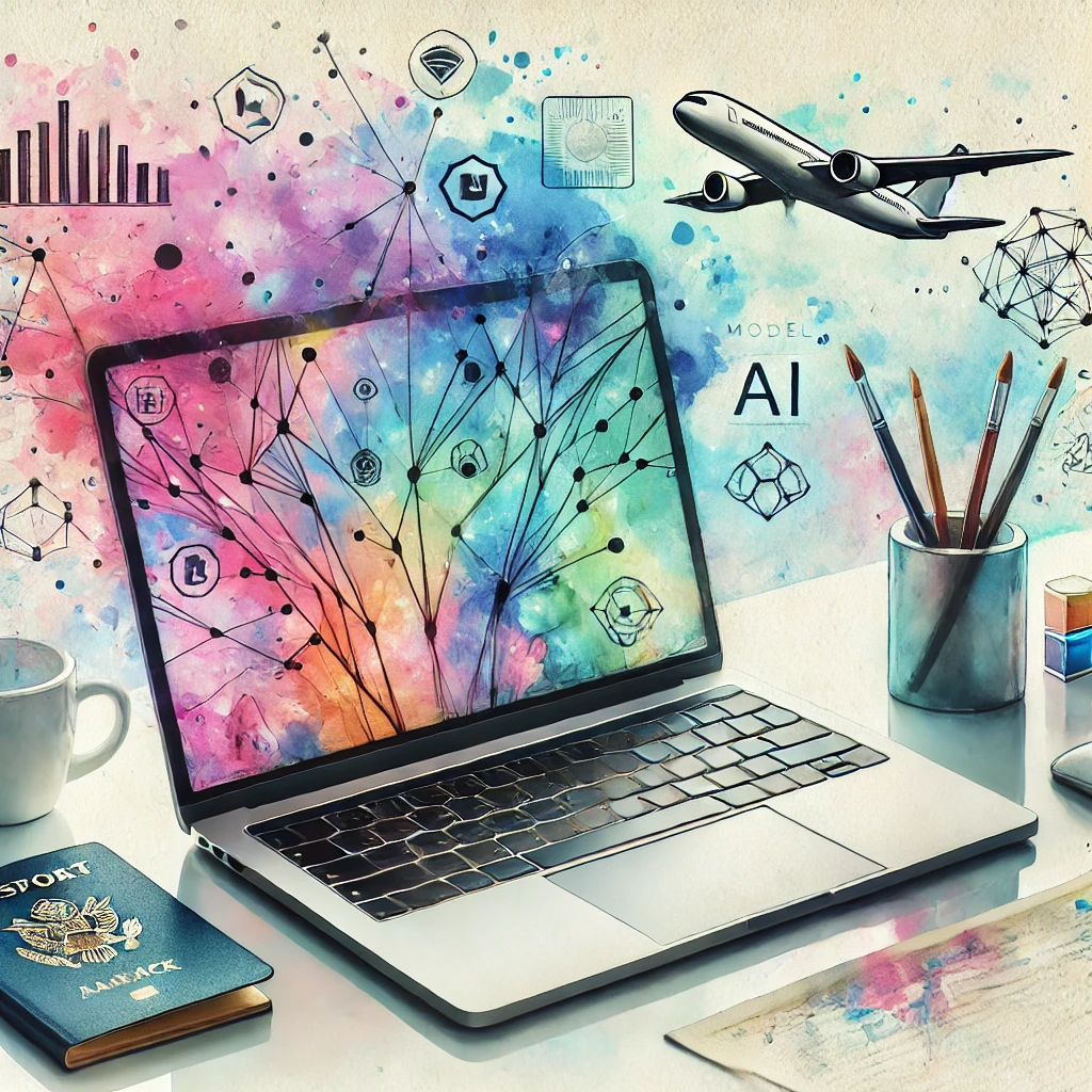 Watercolor-style digital painting of a modern Mac laptop on a sleek desk surrounded by abstract AI-themed elements, with subtle travel-related items like a passport and an airplane toy in a minimalist pastel background.