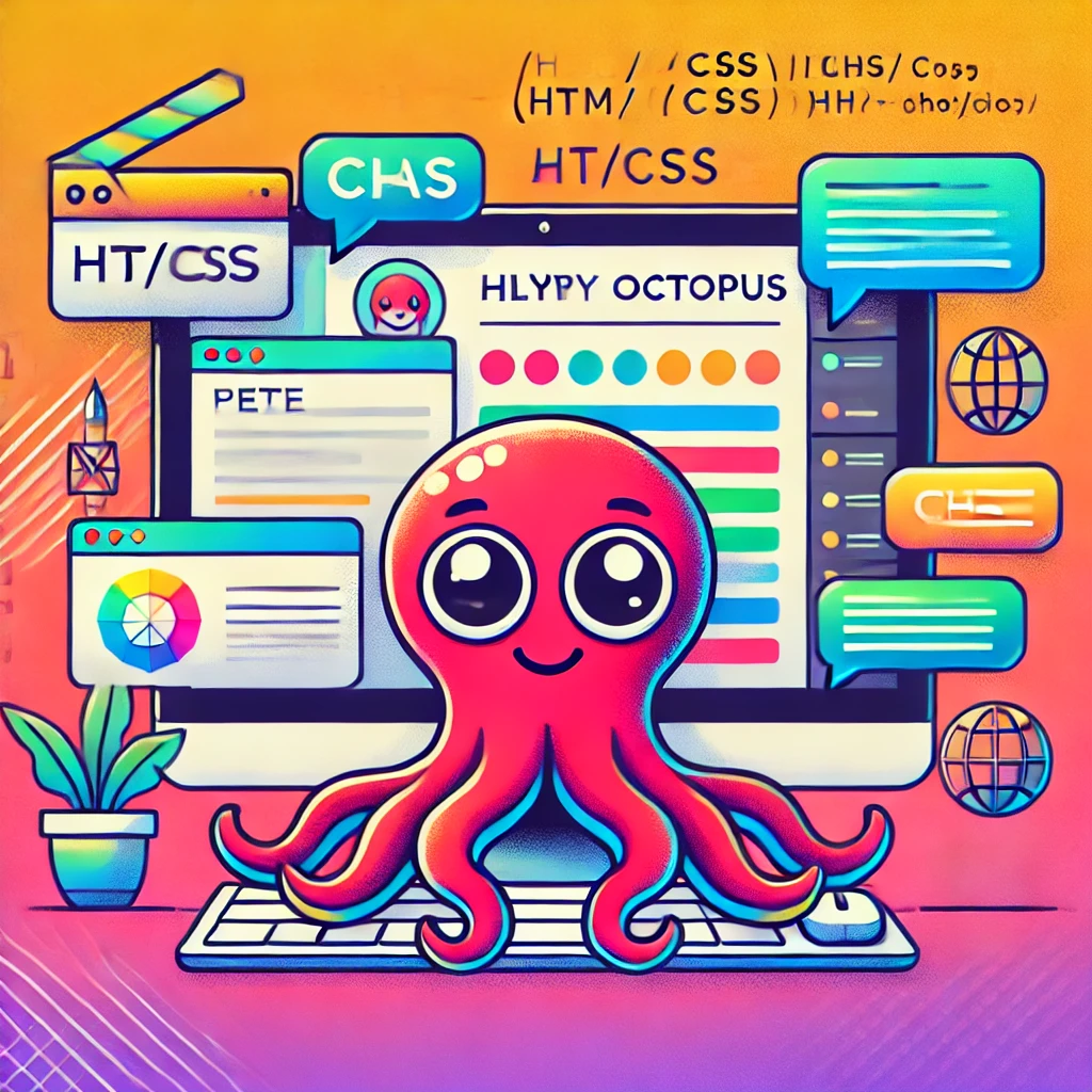 An illustration of Pete the octopus, a friendly purple octopus mascot, sitting on top of a computer monitor. The monitor displays a chat interface with colorful text bubbles, representing a tech-themed concept. Surrounding Pete are floating elements like HTML and CSS code snippets, chat bubbles, and subtle digital design patterns. The background features a vibrant gradient with soft tech-inspired geometric shapes, creating a creative and engaging atmosphere.