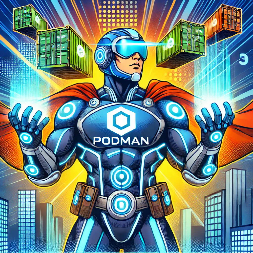 Comic book-style illustration of Podman as a superhero wearing a futuristic suit with glowing blue accents and container-themed designs. Podman is in a dynamic pose, holding glowing, container-shaped constructs in their hands, symbolizing their power to create and control containers. The background features a tech-inspired cityscape with digital effects, emphasizing themes of innovation and technology. The image is vibrant and colorful, capturing the energy and drama of classic superhero comics.