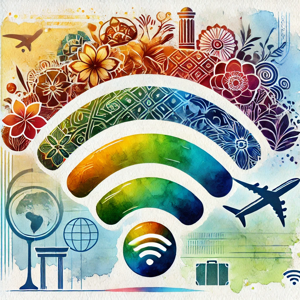 Watercolor illustration of a WiFi logo with arcs featuring global cultural motifs: cherry blossoms for Japan, Moroccan geometric patterns, African tribal designs, and a Roman column symbolizing Europe. The background includes a faint globe and travel-related icons like an airplane, passport, and suitcase, blending harmoniously in a vibrant, colorful style.