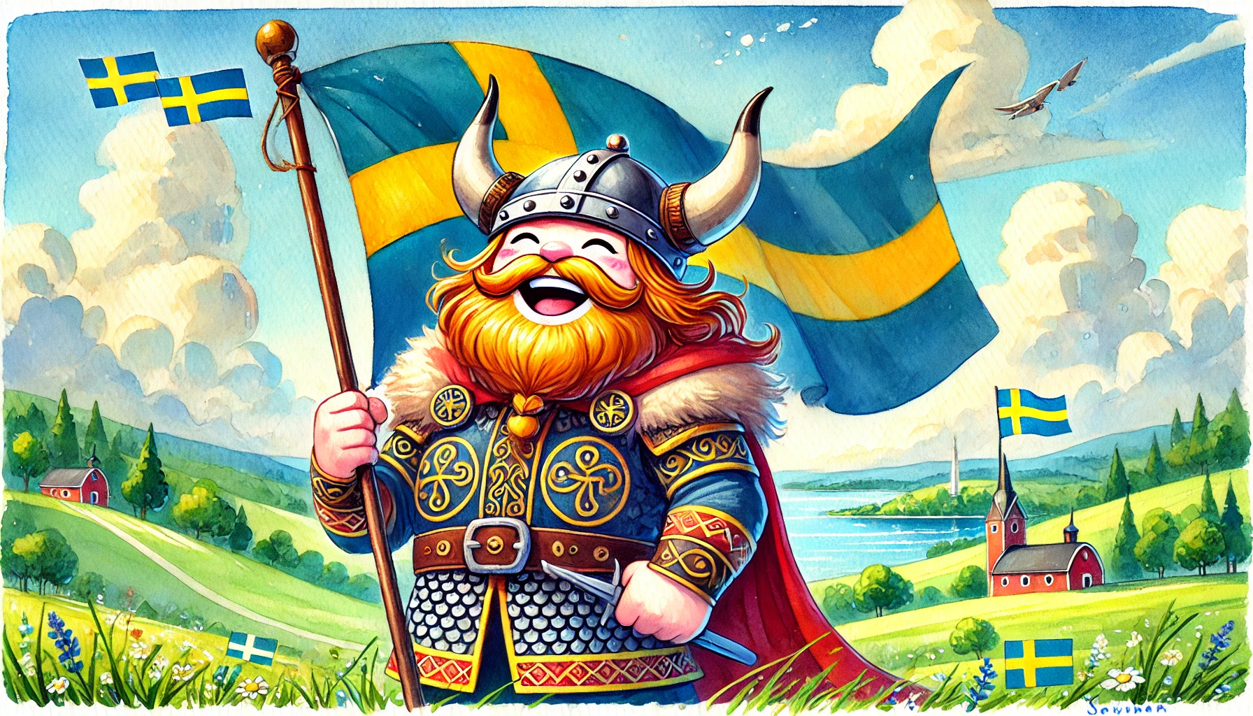 Watercolor painting of a cheerful Viking holding a flagpole with the Swedish flag fluttering in the wind. The Viking, wearing a traditional horned helmet and a tunic adorned with Norse designs, stands on a green hillside under a bright blue sky with soft clouds. A shimmering lake is visible in the distance, adding to the vibrant and uplifting scene.