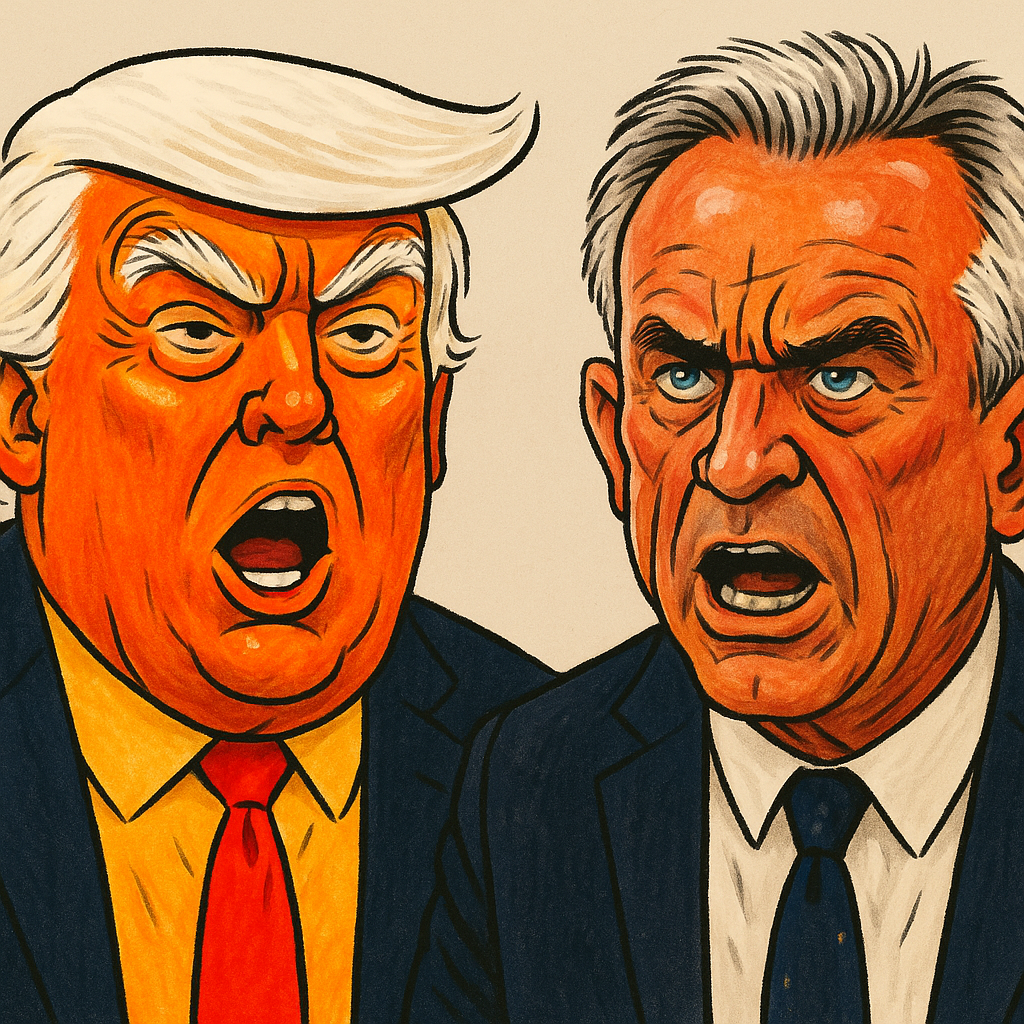 A highly stylized caricature illustration of Donald Trump and Robert F. Kennedy Jr. set against a neutral beige background. Trump is depicted with a vivid orange complexion, exaggerated white comb-over hair, arched brows, and a wide-open mouth as if shouting. RFK Jr. has reddish skin tones, intense blue eyes, and tousled gray hair, also mid-speech with a dramatic expression. Both figures wear dark suits and ties, rendered in bold strokes and vibrant color to accentuate their distinctive features.