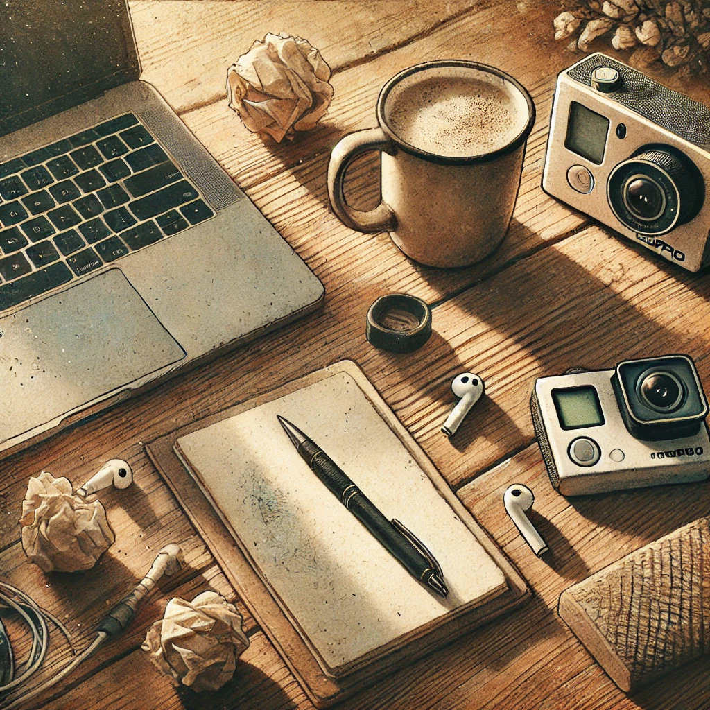 A cozy, watercolor-style illustration of a rustic wooden desk bathed in warm natural sunlight. The desk is scattered with thoughtfully arranged creative tools: a gently steaming coffee mug, a laptop, a compact action camera (similar to a GoPro), a single black pen, a few crumpled paper balls, and a notepad with faint, sketch-like markings. The soft brushstrokes and textured watercolor effect give the scene a warm, handmade feel. The overall mood is peaceful and focused, capturing the quiet moment of a creator mid-brainstorm, without any digital noise or distractions.