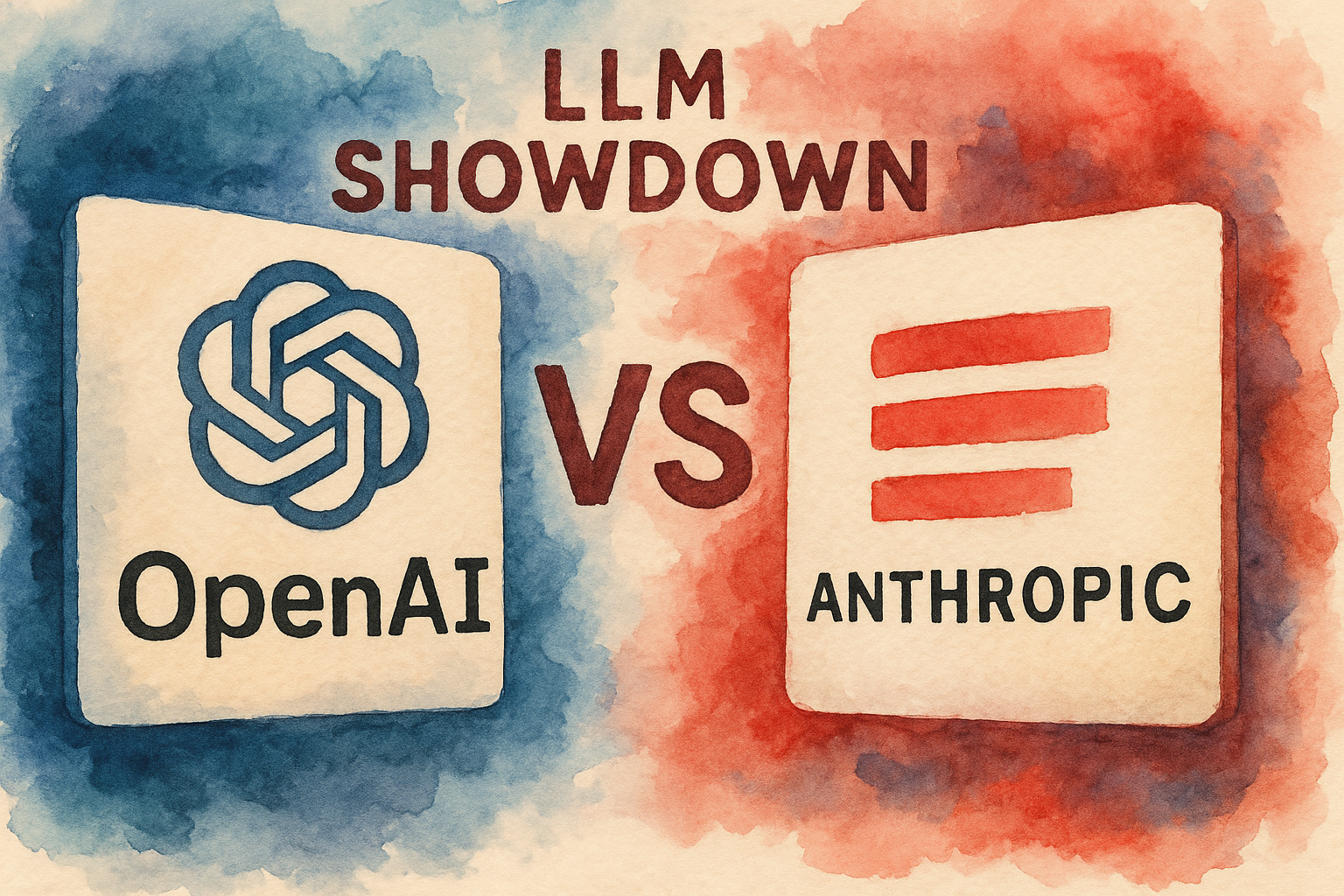 A watercolor painting illustrating a dramatic face-off between OpenAI and Anthropic. On the left, the OpenAI logo appears on a white panel against a swirling background of deep and pale blues. On the right, the Anthropic logo is displayed on a similar panel, surrounded by vivid reds and burnt orange tones. Between the two, the bold text 'LLM SHOWDOWN' and a large 'VS' emphasize the competitive theme. The soft texture of the watercolor medium gives the image an organic, artistic quality while clearly framing the rivalry.