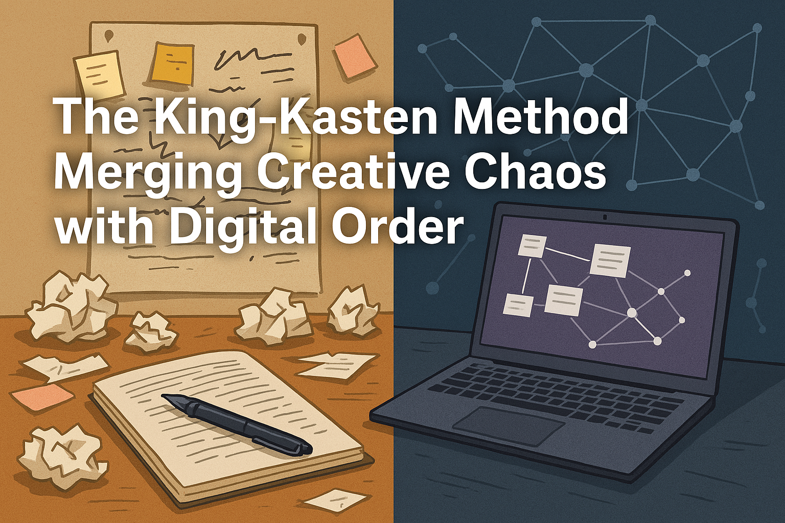 A split-screen digital illustration contrasts two approaches to creativity. On the left, a cluttered wooden desk is covered in crumpled papers, scattered sticky notes, a messy notepad, and a wall of scribbled index cards—symbolizing Stephen King's chaotic, spontaneous idea capture. On the right, a sleek laptop displays a network of interconnected notes on its screen, set against a dark blue background with faint lines and nodes—representing the structured Zettelkasten method. Bold white text across the middle reads: The King-Kasten Method: Merging Creative Chaos with Digital Order.
