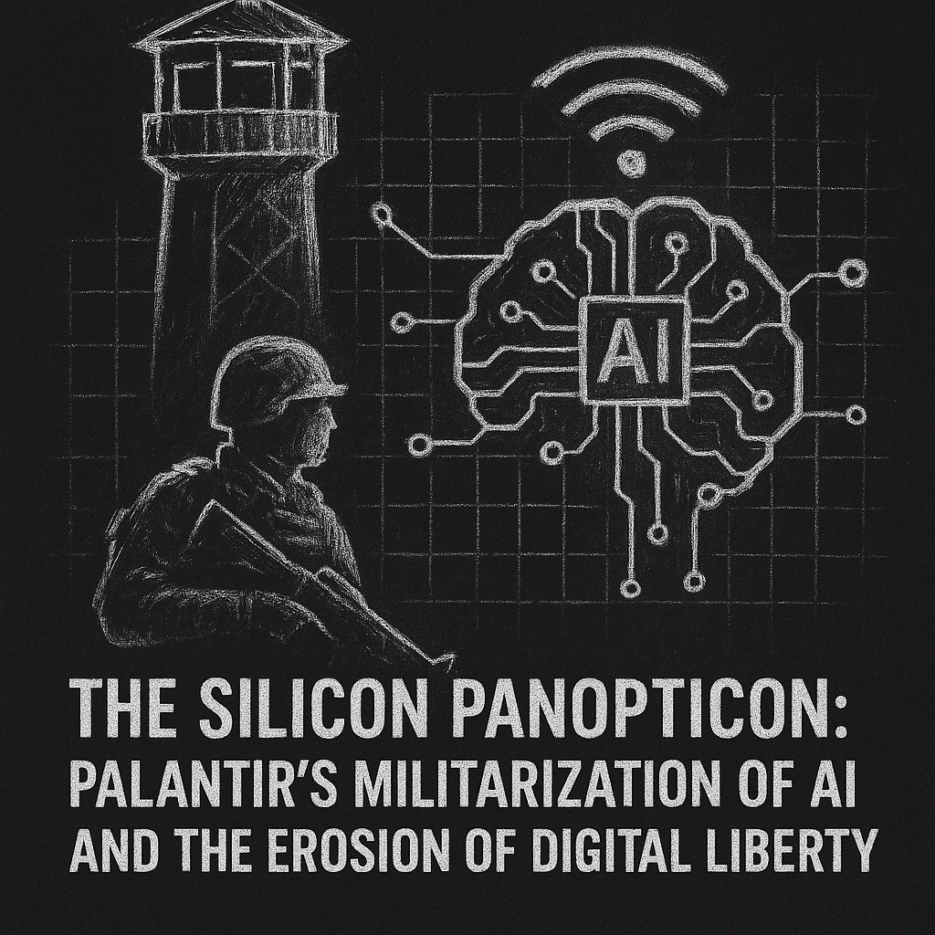 A chalk-art style illustration on a black background, depicting the militarization of AI. A panopticon-style watchtower looms in the upper left, while a brain-like AI circuit diagram occupies the center, marked with a Wi-Fi symbol and labeled 'AI'. In the foreground, a soldier holding a rifle stands alert. The imagery is drawn in rough white chalk lines, evoking themes of surveillance, control, and digital warfare.