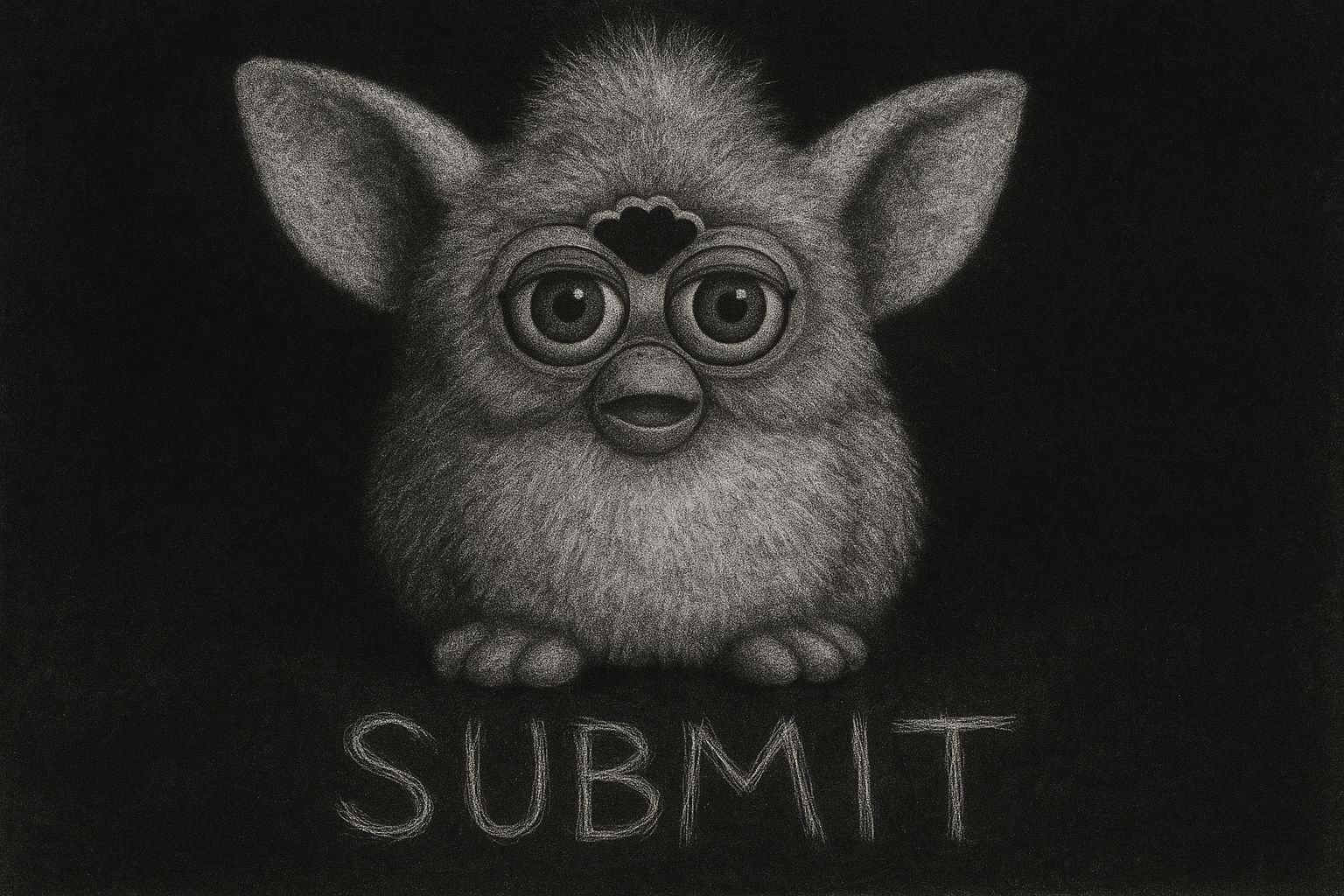 A black and white, grainy photograph features a Furby with 'SUBMIT' scratched out of the dark background like newsprint in a cursed, vintage flash-lit scene.