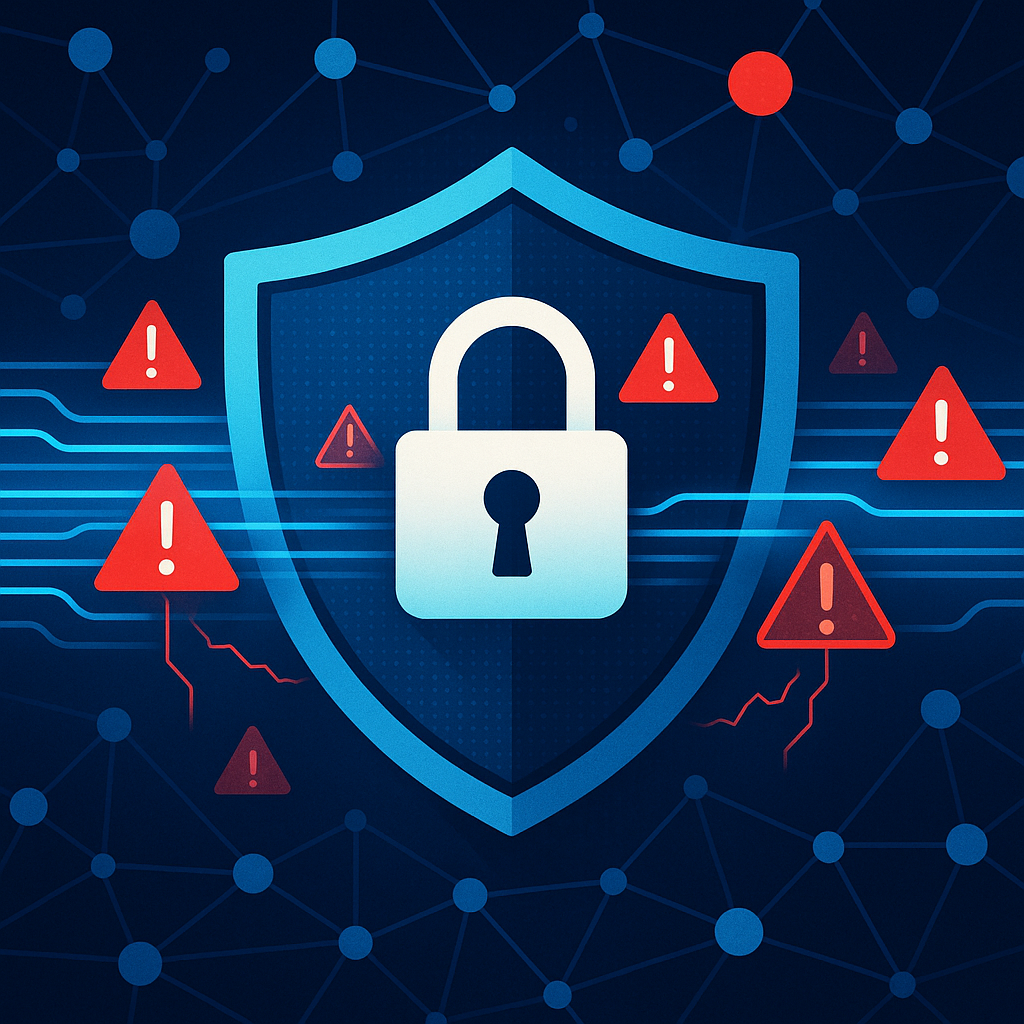 A digital illustration showing a shield with a lock symbol protecting data streams, with red warning indicators showing breach attempts. In the background, interconnected nodes represent third-party connections, with some nodes highlighted in red to indicate compromised systems. The image visualizes the key concept of increasing third-party risks in cybersecurity.
