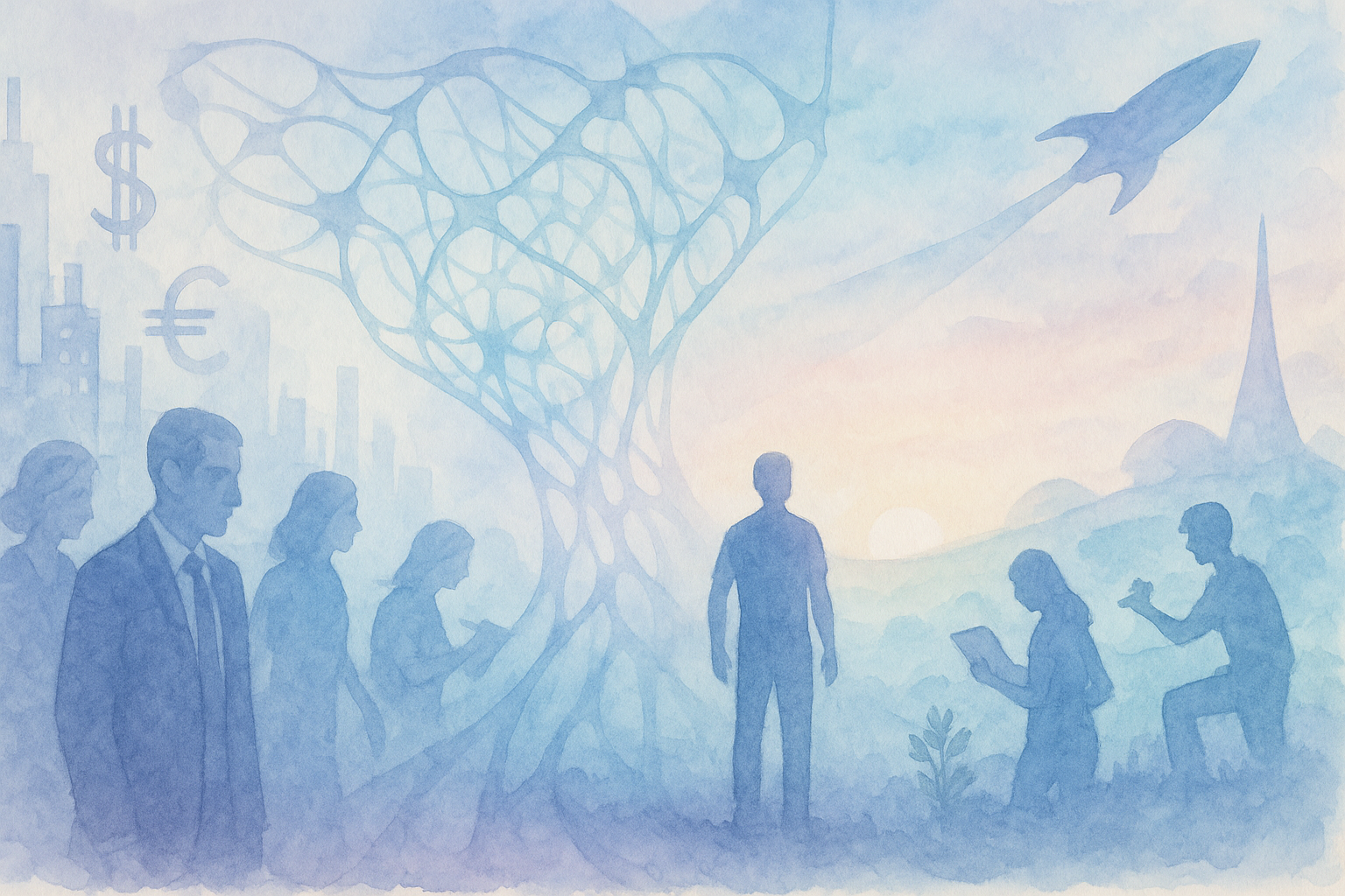 A landscape-oriented watercolor painting depicts the transition from an industrial economy to a post-scarcity future, with faded business-clad figures and currency symbols on the left dissolving into creative, curious people and utopian architecture on the right, all bridged by a luminous, translucent neural network symbolizing AGI, rendered in soft blues, teals, and purples, with a rising sun and launching rocket suggesting a hopeful economic and societal shift.