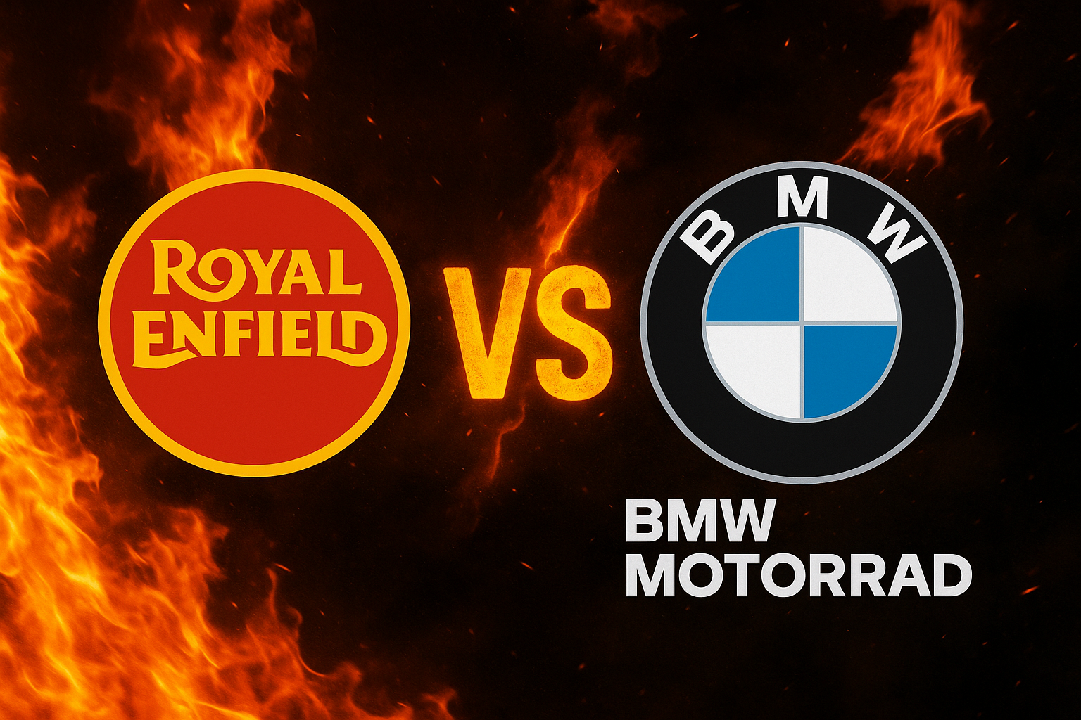Royal Enfield vs BWM. Both company logos pitted head to head, surrounded by flames against a black backdrop.