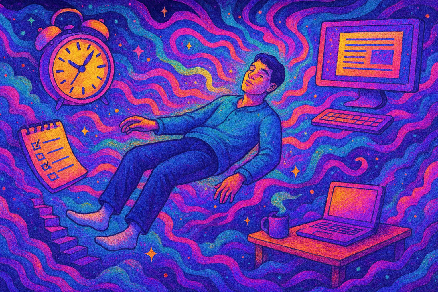 A dreamy, psychedelic digital illustration in landscape format shows a man with light skin and dark hair floating peacefully in a swirling, colorful void of purples, blues, and pinks. Around him drift surreal office elements: a glowing alarm clock, an open laptop on a table with a steaming mug, a spiral-bound to-do list, and a hovering desktop monitor and keyboard. Wavy patterns and stars fill the background, evoking a tranquil blend of sleep and productivity themes.