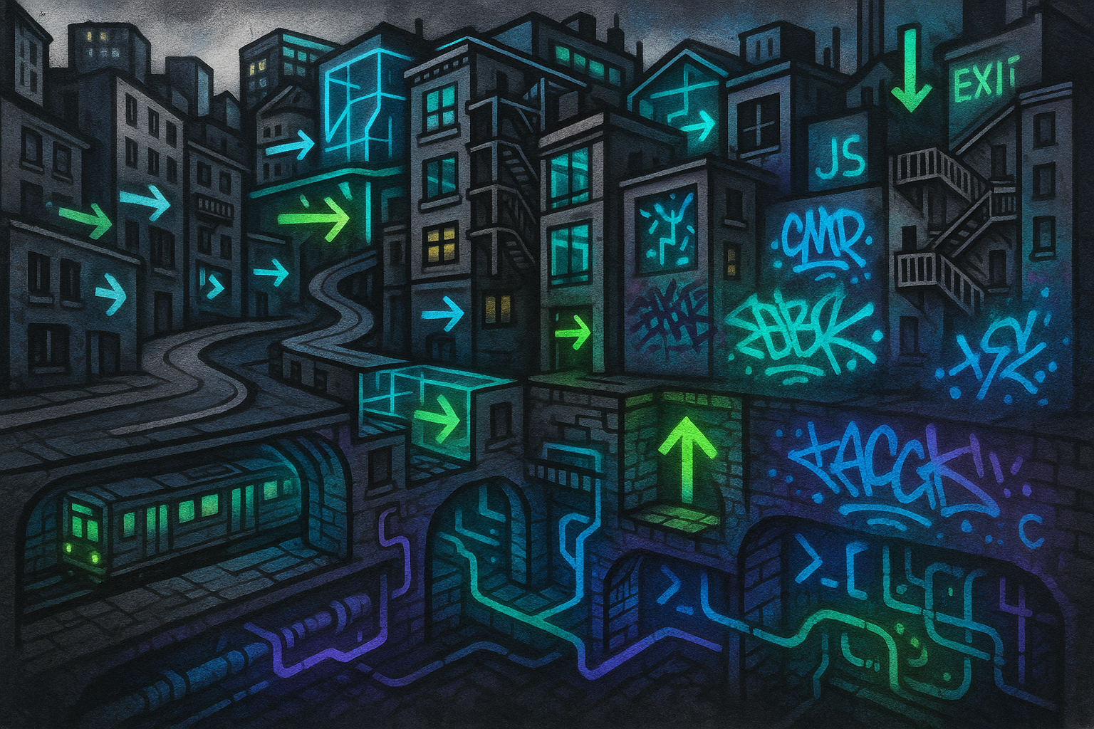 A graffiti-style mural depicts a sprawling, multi-layered city with glowing arrows, neon-lit tunnels, and stenciled command tags marking hidden shortcuts through the urban maze.
