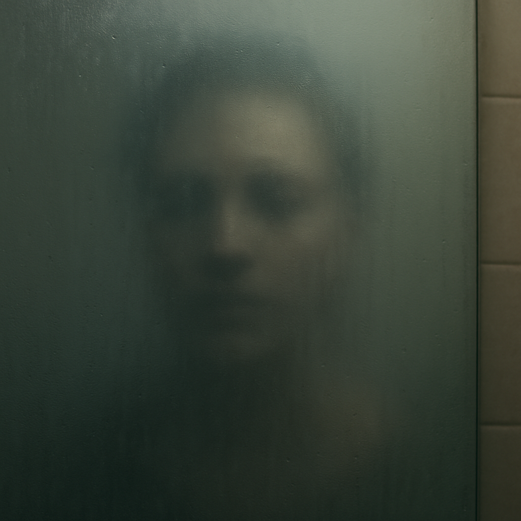 A fogged mirror shows the faint, blurred reflection of a face—indistinct and soft—evoking a sense of emerging identity and quiet introspection.