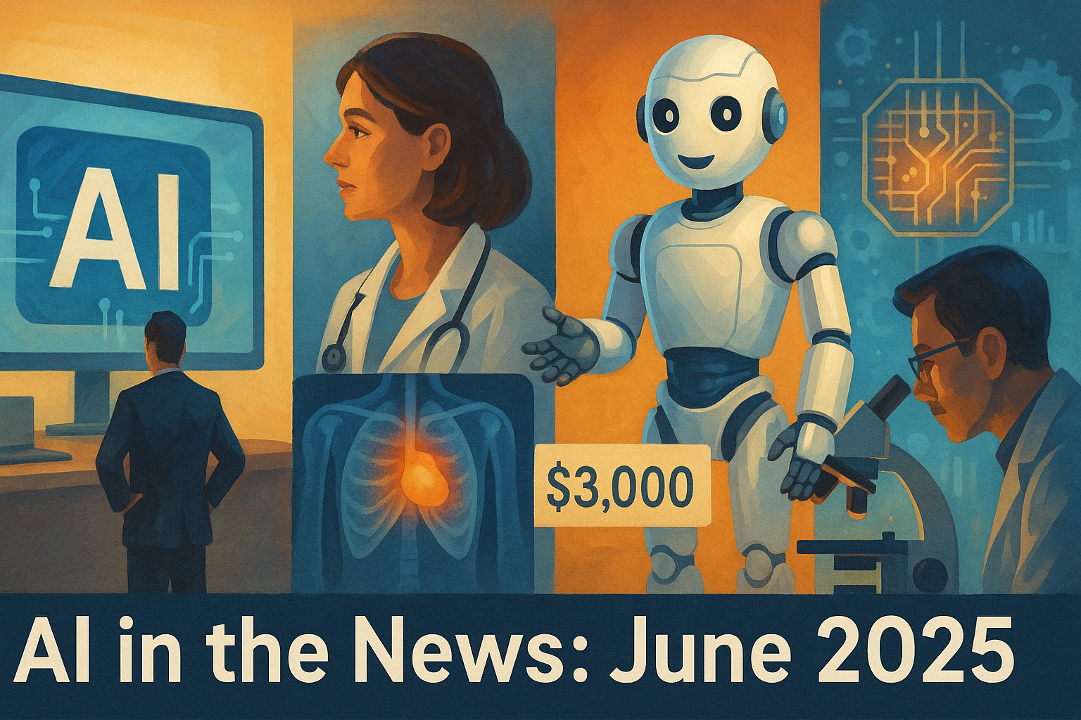 A digital illustration collage shows AI across enterprise, healthcare, robotics, and research, with a humanoid robot priced at $3,000 and bold text reading “AI in the News: June 2025.”