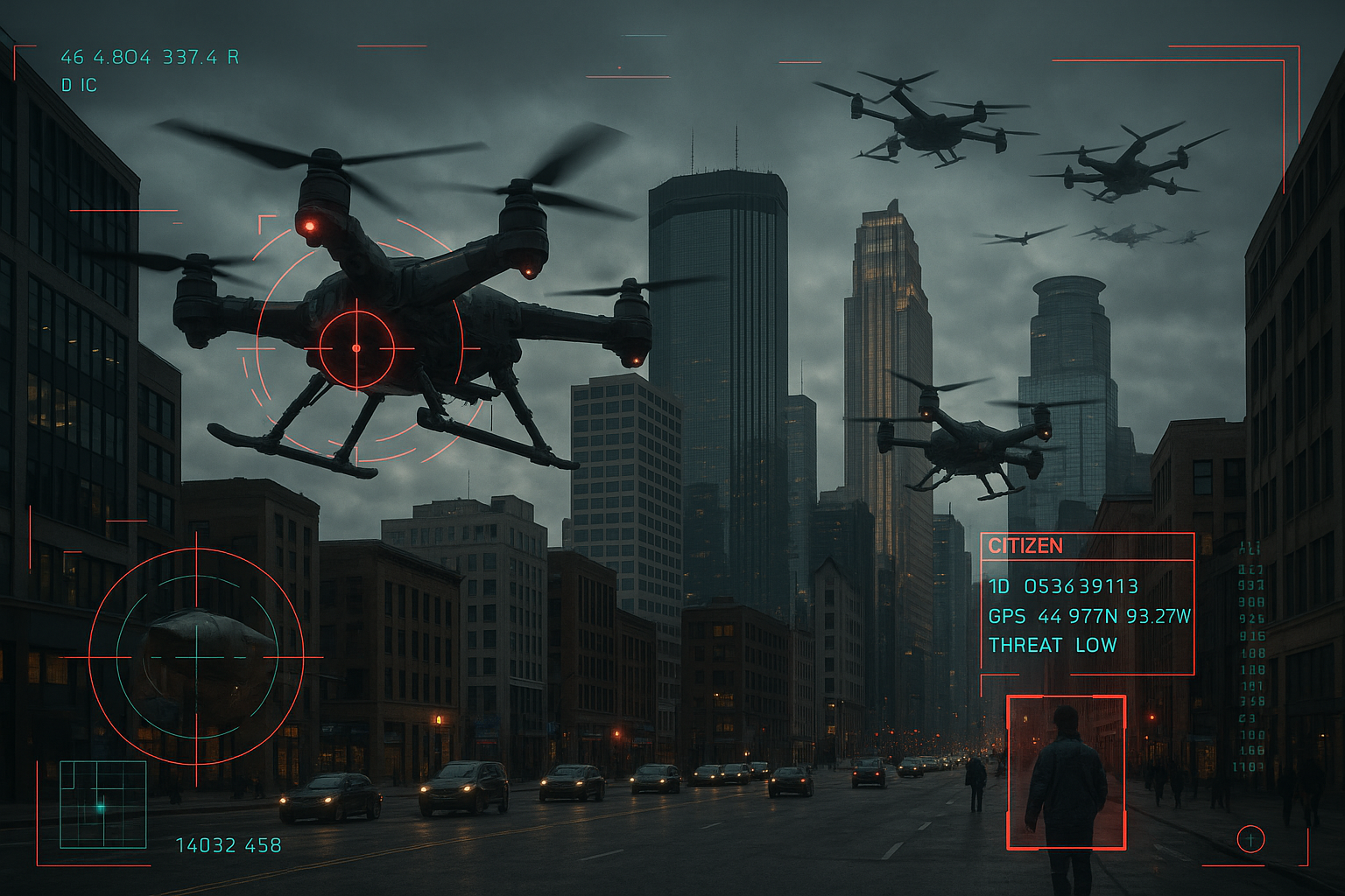 A photorealistic digital composite shows downtown Minneapolis under a cloudy sky. Weaponized multirotor drones patrol the air above the city. A red HUD overlay highlights one pedestrian walking in the street, displaying their ID, GPS coordinates, and a THREAT: LOW designation.