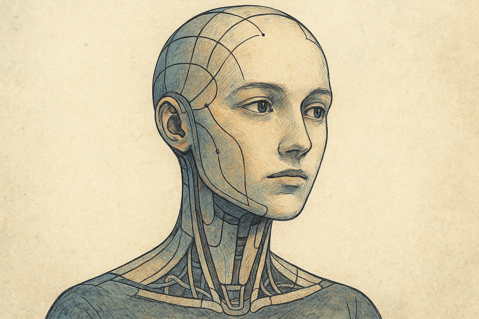 A stylized humanoid figure with soft mechanical features looks contemplatively forward, sketched in warm earth tones and blue ink against a textured beige background.