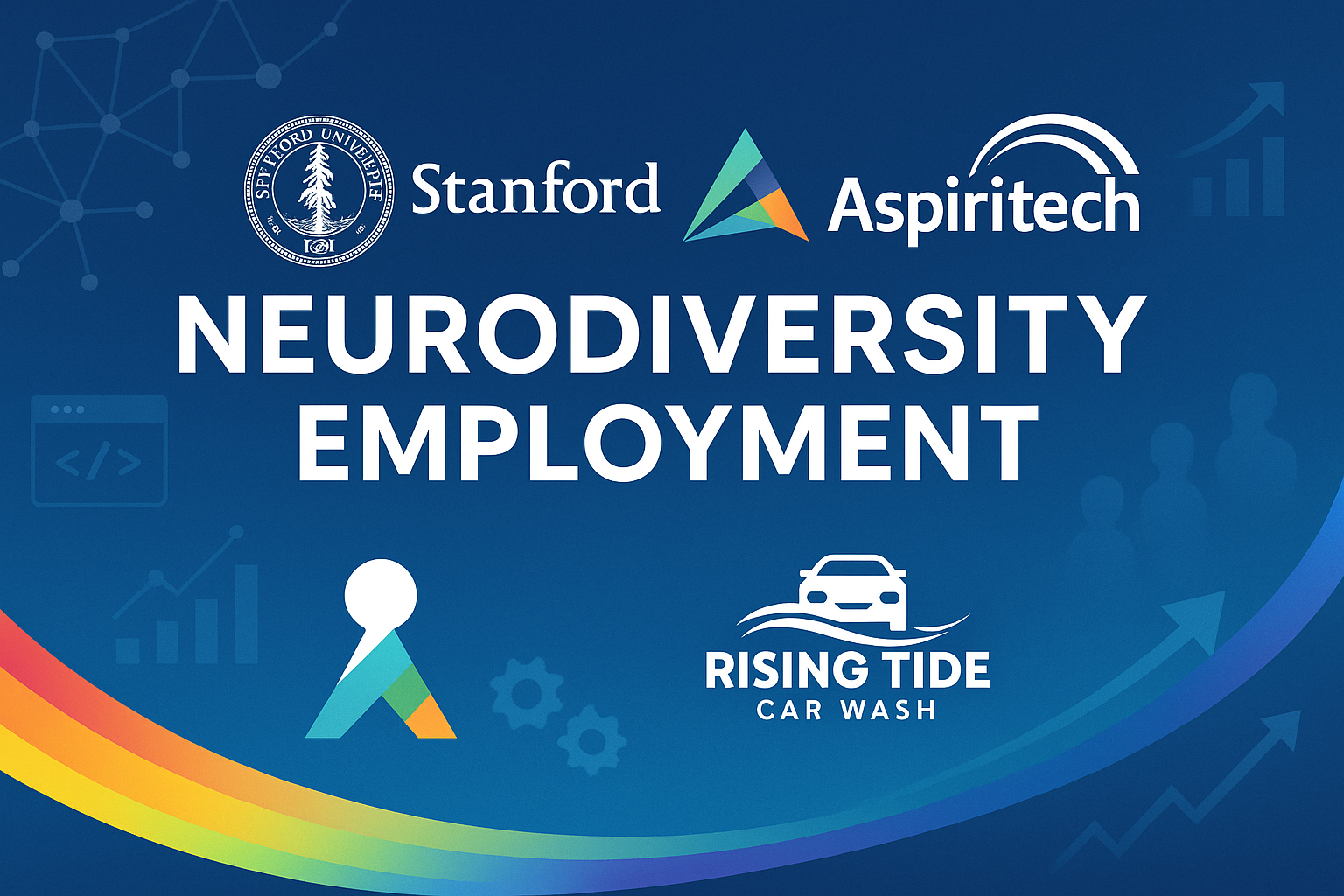Digital illustration of a modern neurodiversity employment panel with logos for Stanford, Aspiritech, and Rising Tide Car Wash, rainbow accents, and symbols of inclusion and growth