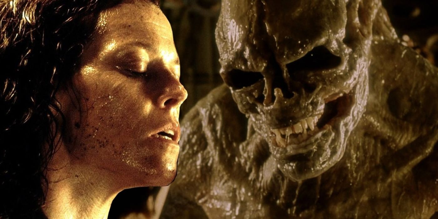 Ripley 8 stands close to the grotesque Newborn hybrid in Alien: Resurrection, eyes closed as the creature gazes at her with a disturbing blend of affection and menace.
