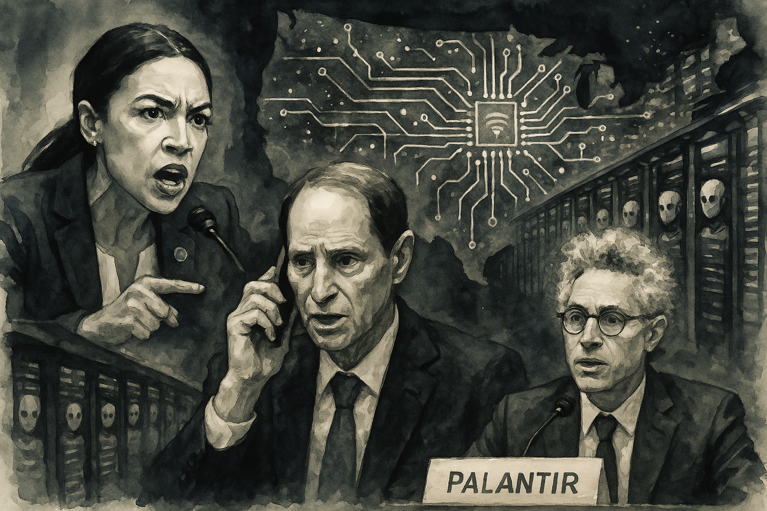 Watercolor noir style mosaic showing Alexandria Ocasio-Cortez questioning at a committee meeting, Senator Ron Wyden on an urgent phone call, a data center filled with AI servers, Palantir CEO Alex Karp testifying before Congress, all set against a backdrop of the United States map covered with illuminated circuitry representing electronic surveillance networks across America