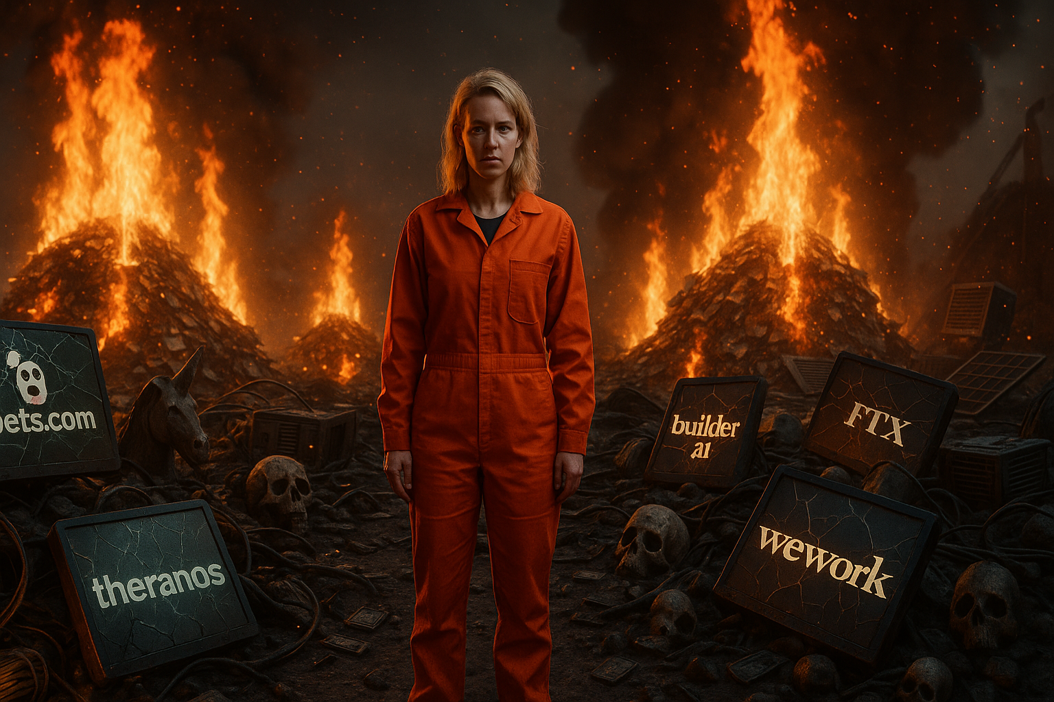 A woman who doesn't look entirely unlike Elizabeth Holmes stands in an orange prison jumpsuit before blazing piles of burning money, surrounded by ash, skulls, broken unicorns, and shattered tech logos in a dystopian wasteland.