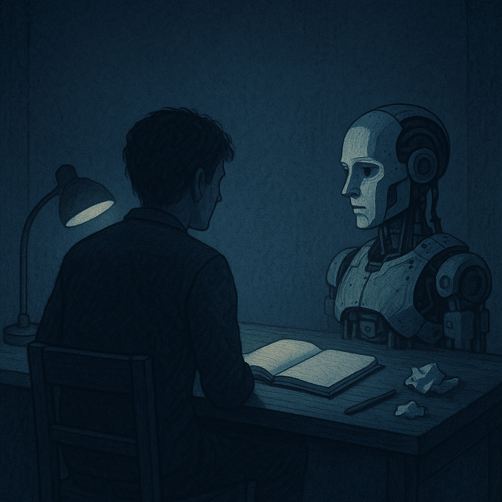 A solitary figure sits at desk, gazing at a partially built robot in dim light, with a notebook, crumpled paper, a pen scattered around.
