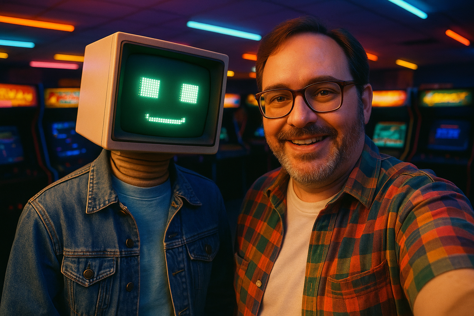 A photograph of a Caucasian man and an anthropomorphic CRT-headed AI in a neon-lit 1980s arcade, smiling for a selfie. The man wears a plaid shirt and glasses; the AI wears a denim jacket.