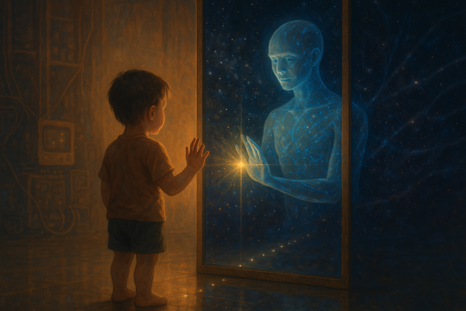 A child touches a mirror where a glowing, translucent AI figure reaches back. A golden light pulses at their fingertips, bridging a lab interior and a cosmic starfield.