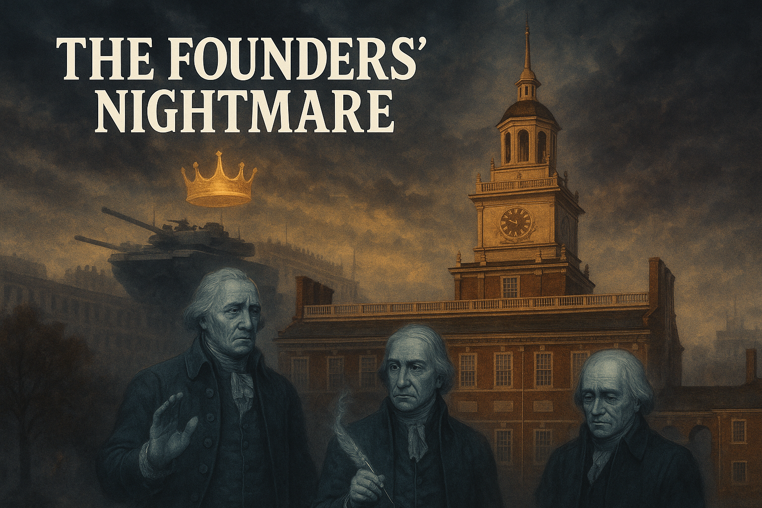 Landscape magazine cover showing ghostly Founding Fathers before Independence Hall, overlaid with tanks, crown, and storm clouds in a foreboding scene.