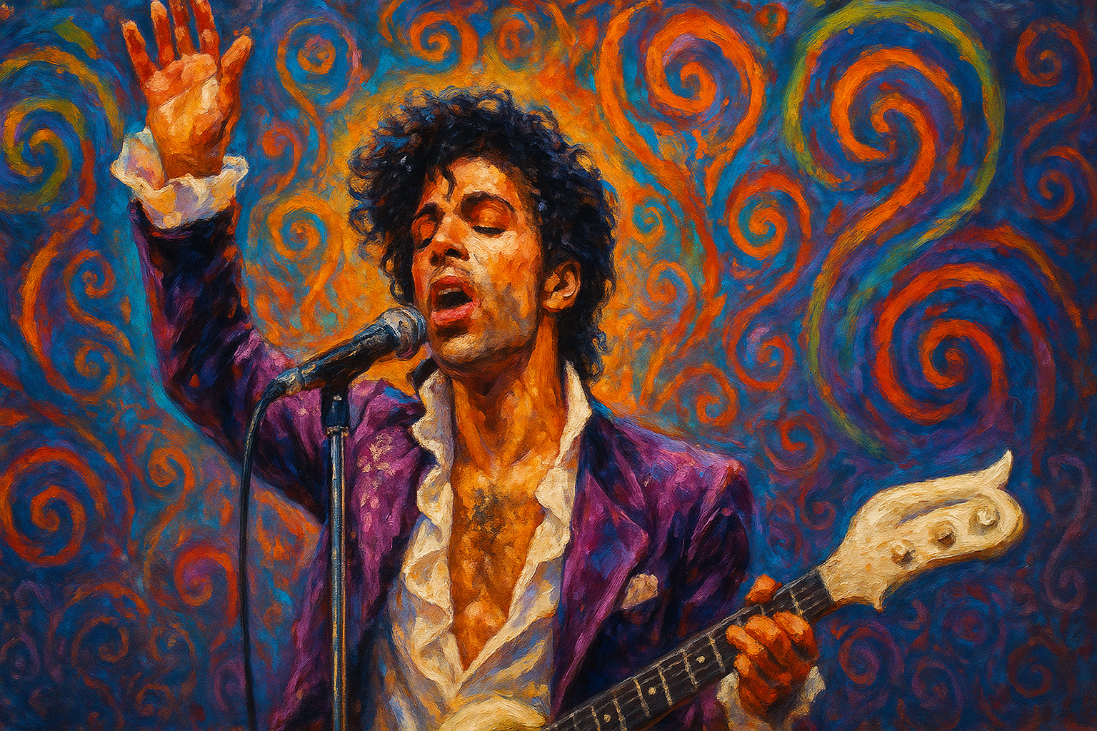 Prince sings passionately into a vintage microphone, eyes closed and arm raised, wearing a purple jacket and open ruffled shirt. Behind him, vibrant swirls of orange, blue, and purple pulse with emotional energy in a textured, impressionistic oil painting.