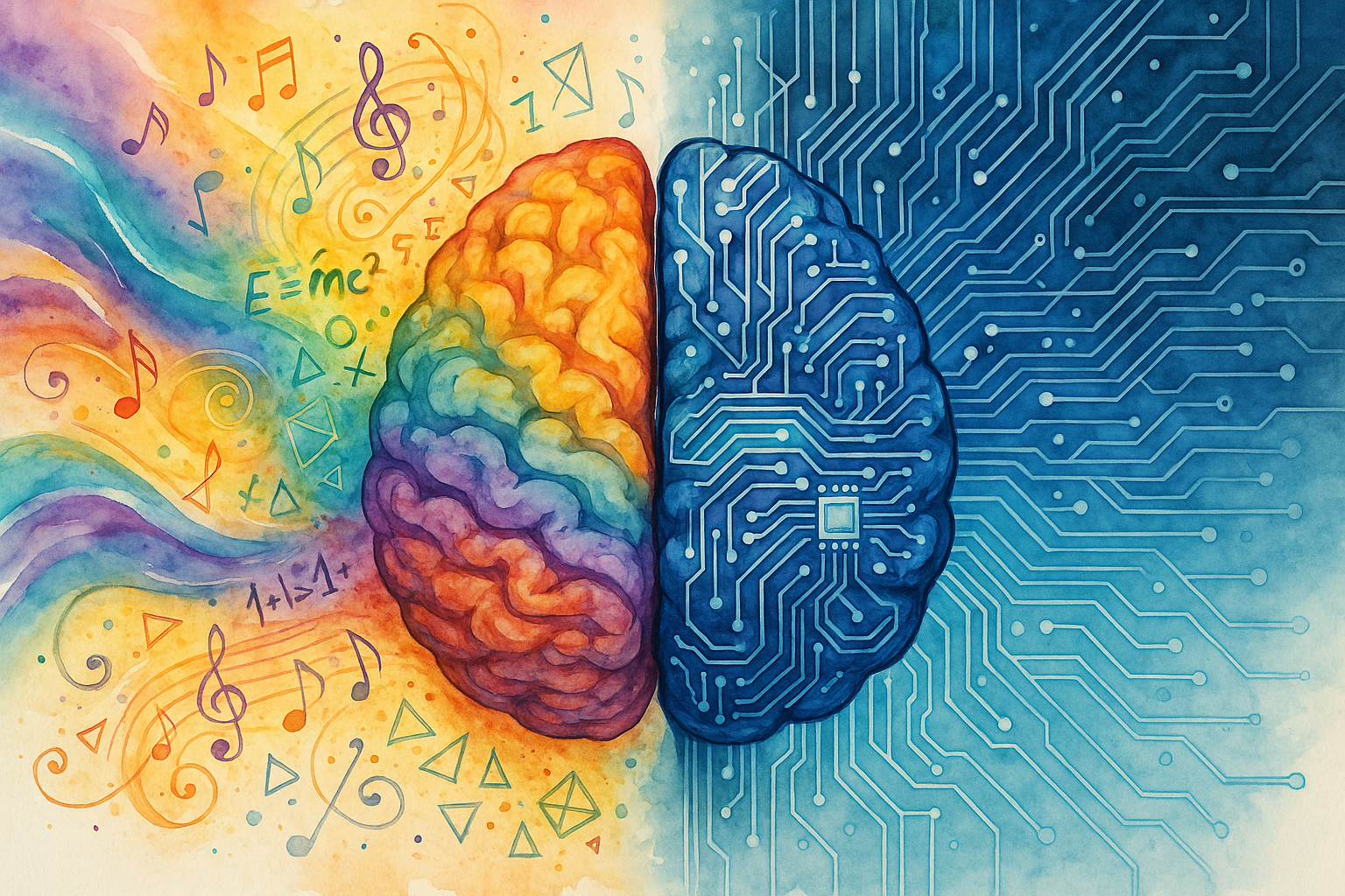 Watercolor brain split in half—left side bursts with rainbow swirls, music notes, and math; right side glows with cool-toned circuits and digital patterns.