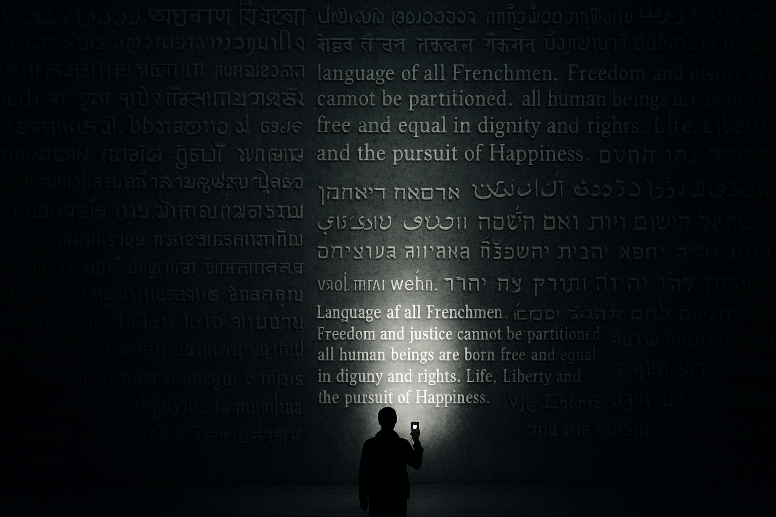 A silhouetted figure holds a glowing device toward a massive wall covered in multilingual text, with only a small English section illuminated by harsh spotlight