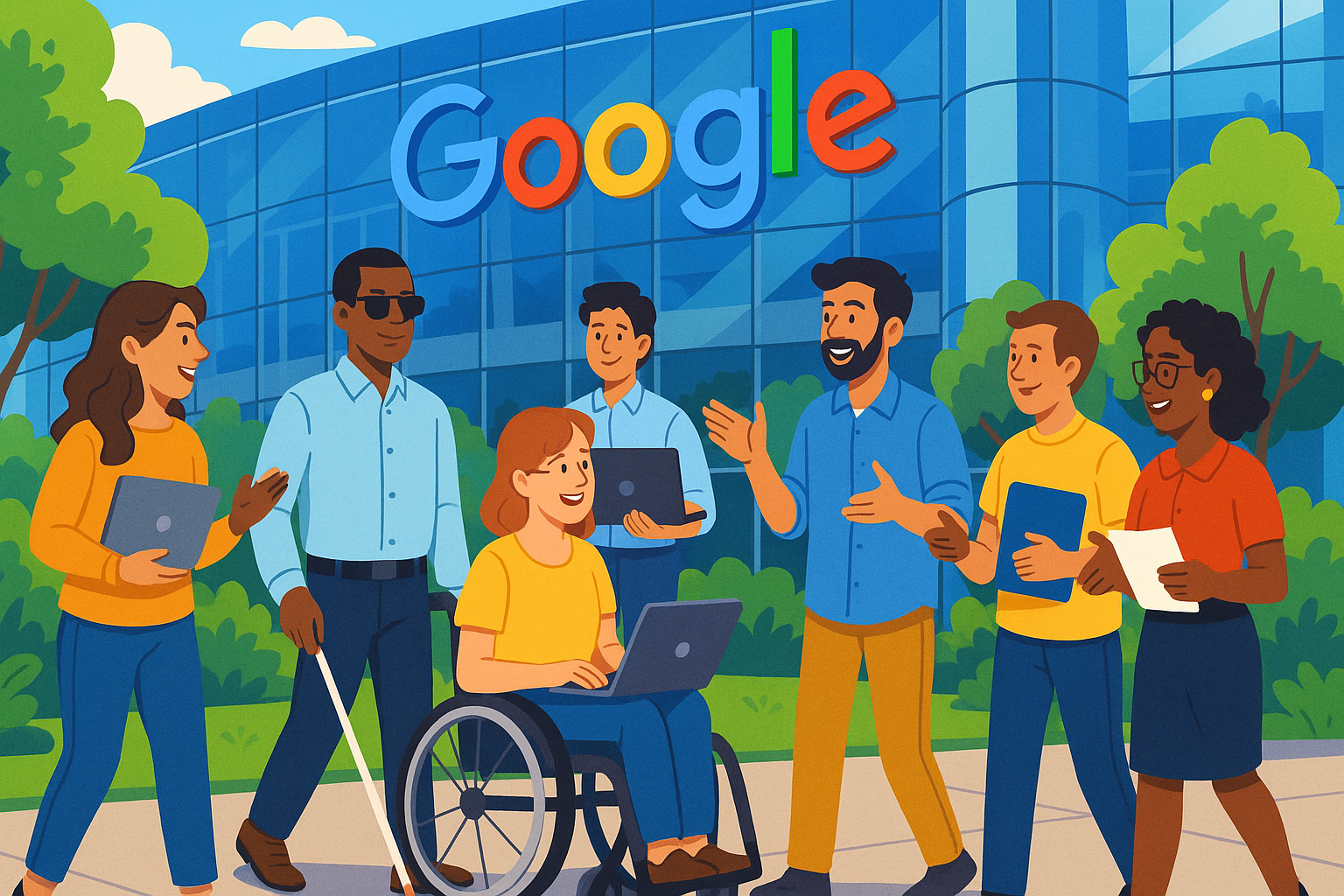 A digital illustration in a colorful, flat, modern style shows a diverse group of Google employees, including a blind man with dark glasses and a white cane, and a red-haired woman using a wheelchair, gathered outside a Google office.
