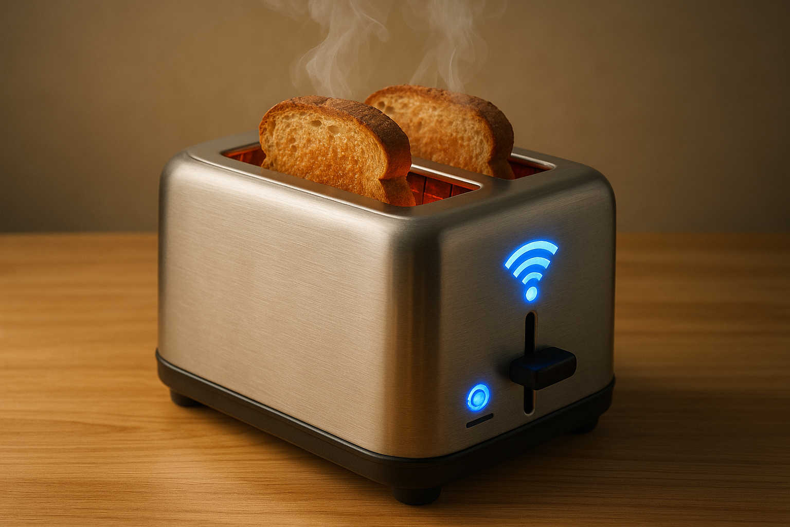 A realistic 3D-rendered toaster glows red inside as bread toasts, with smoke rising and a bright blue Wi-Fi logo lit above the control slider on its metal front.