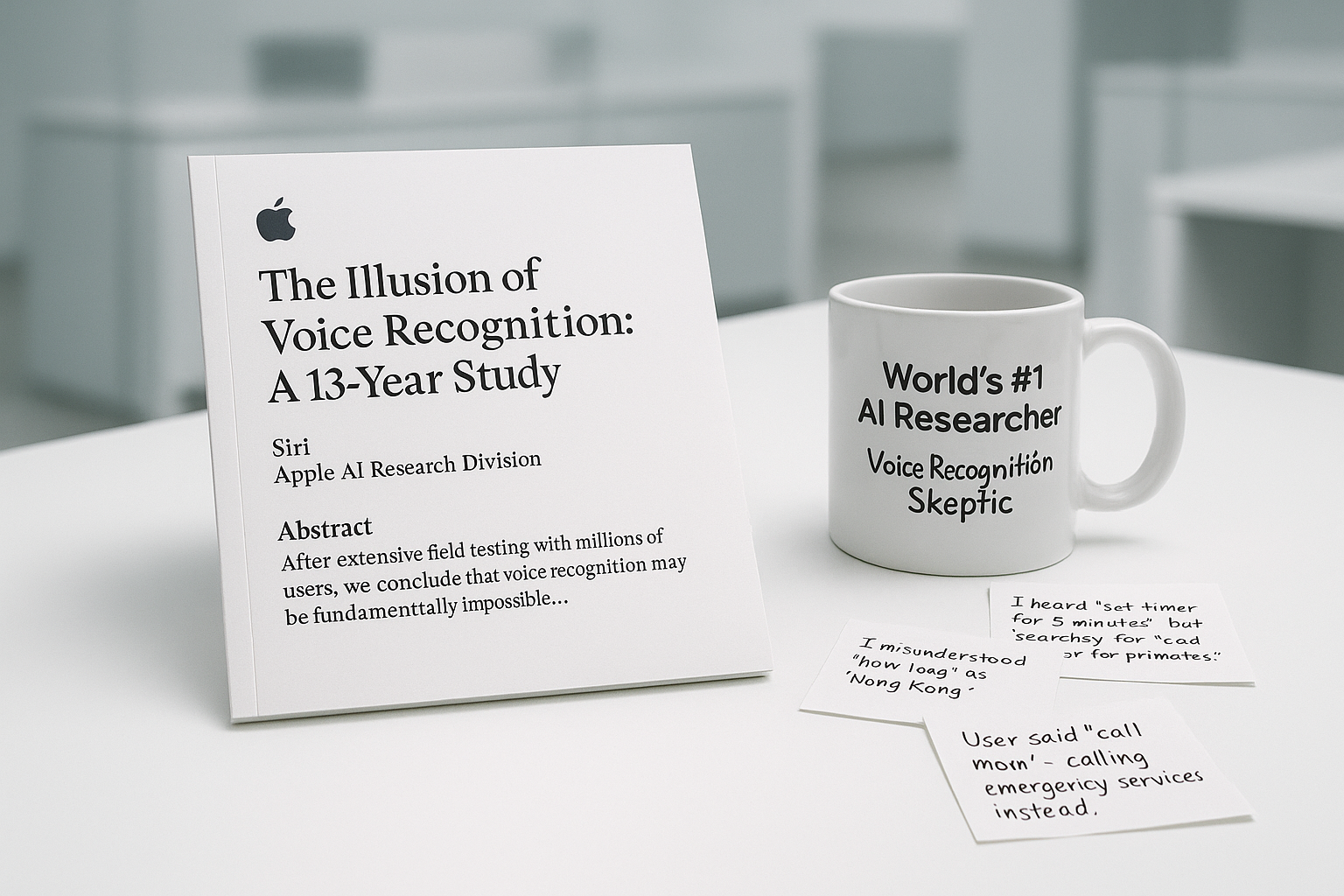 A satirical research paper titled 'The Illusion of Voice Recognition: A 13-Year Study' by Siri sits on a white desk beside a mug labeled 'Voice Recognition Skeptic,' with humorous failed Siri query notes scattered nearby.