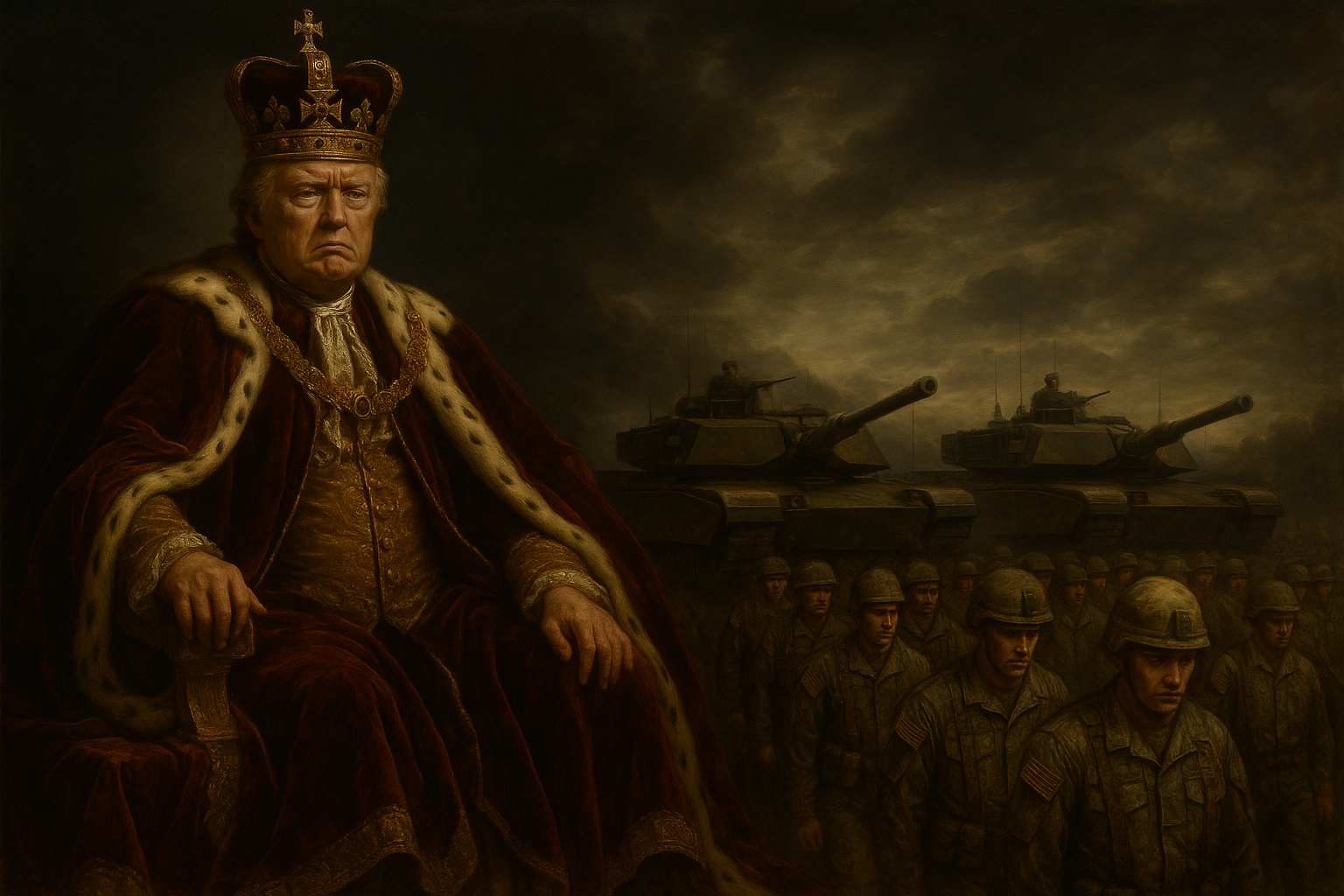 Grim 18th-century-style oil painting of Trump as a crowned king on a throne, overseeing a joyless military parade of tanks and unhappy American soldiers.