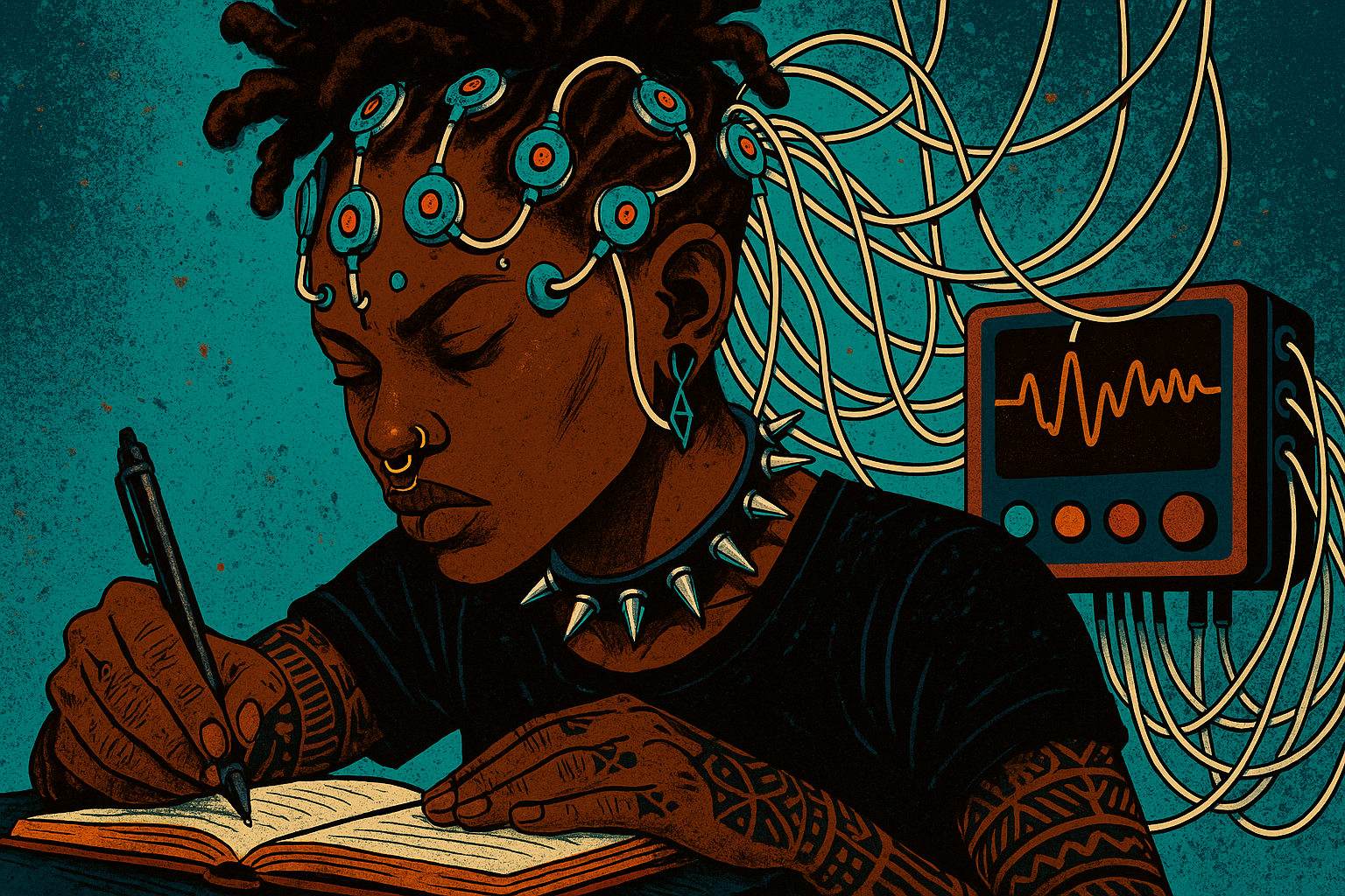A focused student with dark skin and dreadlocks wears EEG electrodes while writing in a notebook, surrounded by wires and a brain activity monitor in Afropunk style.