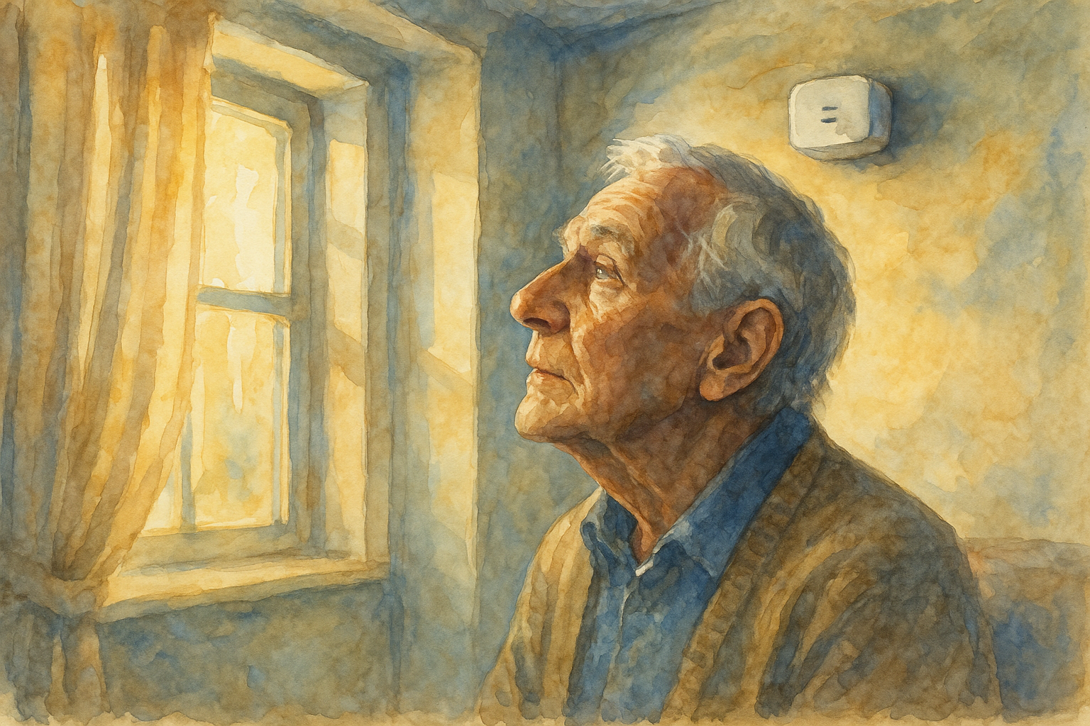 A watercolor painting in landscape format shows an elderly man in profile looking thoughtfully at a small white device on the wall, bathed in warm afternoon light from a nearby window.