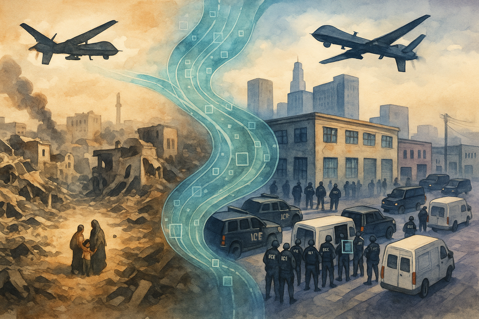 A watercolor painting depicting a split-screen aerial view showing the surveillance technology pipeline from Gaza to Los Angeles. The left side shows destroyed Gaza buildings in earth tones with smoke and rubble, while the right side shows an organized ICE raid in downtown LA with tactical vehicles and agents in cooler blue-gray tones. MQ-9 Reaper drones hover above both scenes, connected by flowing streams of translucent blue and green data representing the transfer of AI targeting systems from military operations to domestic immigration enforcement. The painting uses traditional watercolor techniques to contrast the warm chaos of Gaza with the cold systematic nature of LA operations, unified by the digital surveillance infrastructure that connects both locations.