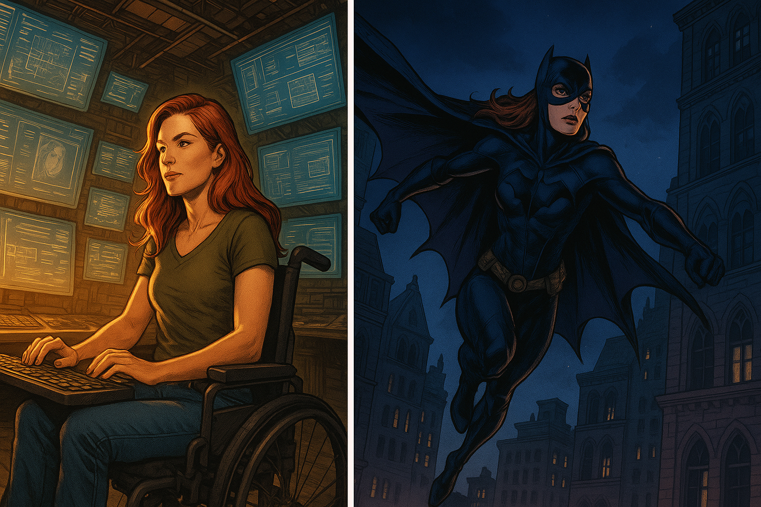 A split-panel comic illustration in landscape orientation. Left: A red-haired woman, Barbara Gordon as Oracle, in a wheelchair at a glowing tech command center, bathed in golden light. Right: The same woman in a dark superhero costume, Batgirl, leaping through a blue-lit gothic cityscape.