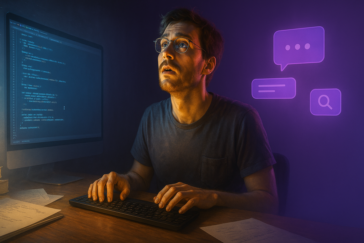 Developer with hands hovering uncertainly above keyboard, looking up with wonder and uncertainty as code writes itself on screen, surrounded by fading programming books and floating AI interface elements