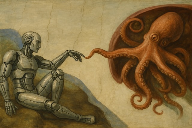 A humanoid robot and a large octopus reach toward each other, touching fingertips and tentacles in a visual homage to Michelangelo's 'The Creation of Adam.' The robot is seated on a rocky surface to the left, extending one hand. The octopus floats in a circular space to the right, mirroring the iconic gesture. The image uses a classical painting style with muted earthy tones and visible brush textures, blending Renaissance aesthetics with surreal science fiction.