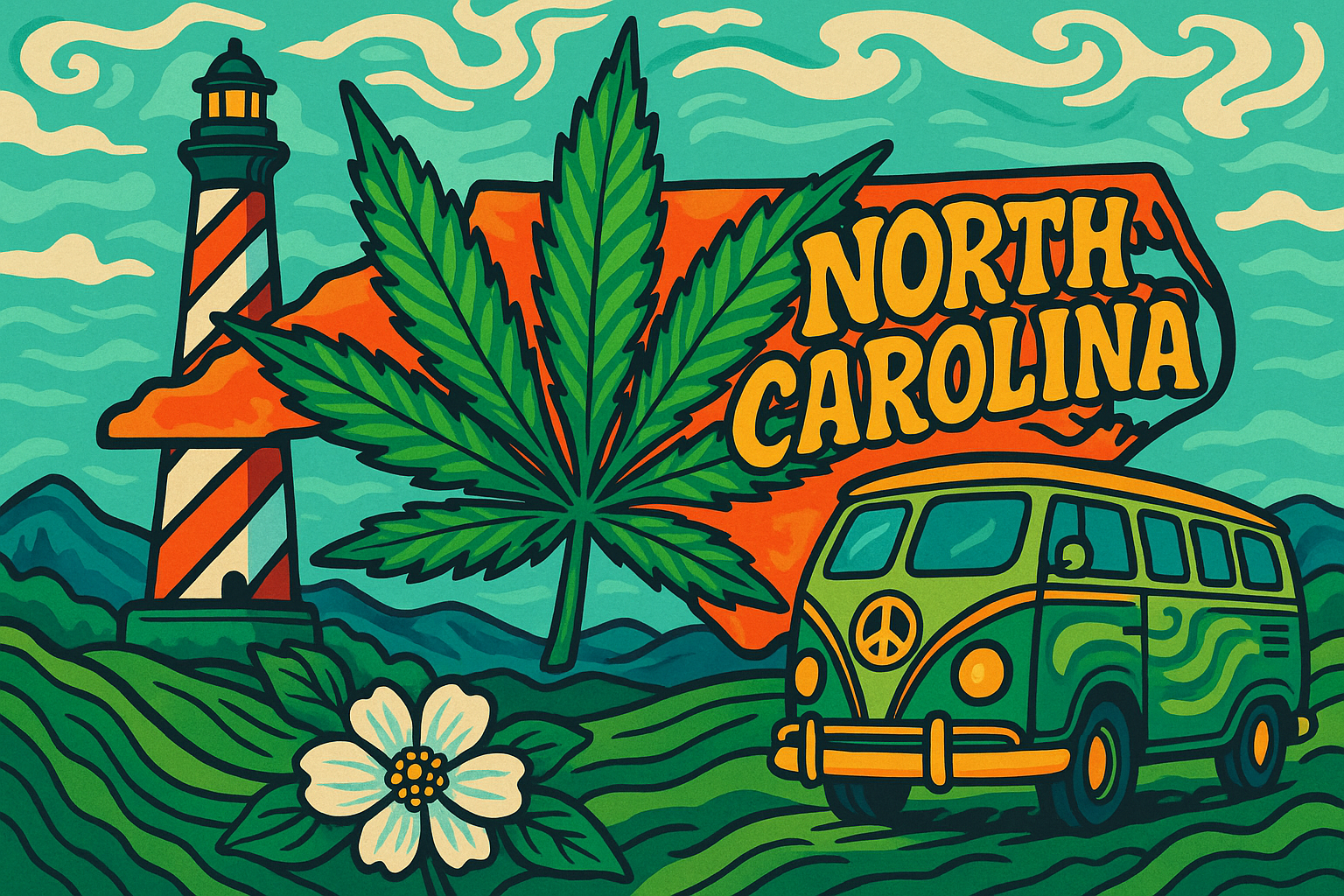 A psychedelic illustration features North Carolina's state shape behind a large cannabis leaf, a striped lighthouse, a green peace van, and a white dogwood flower in a colorful, retro landscape.