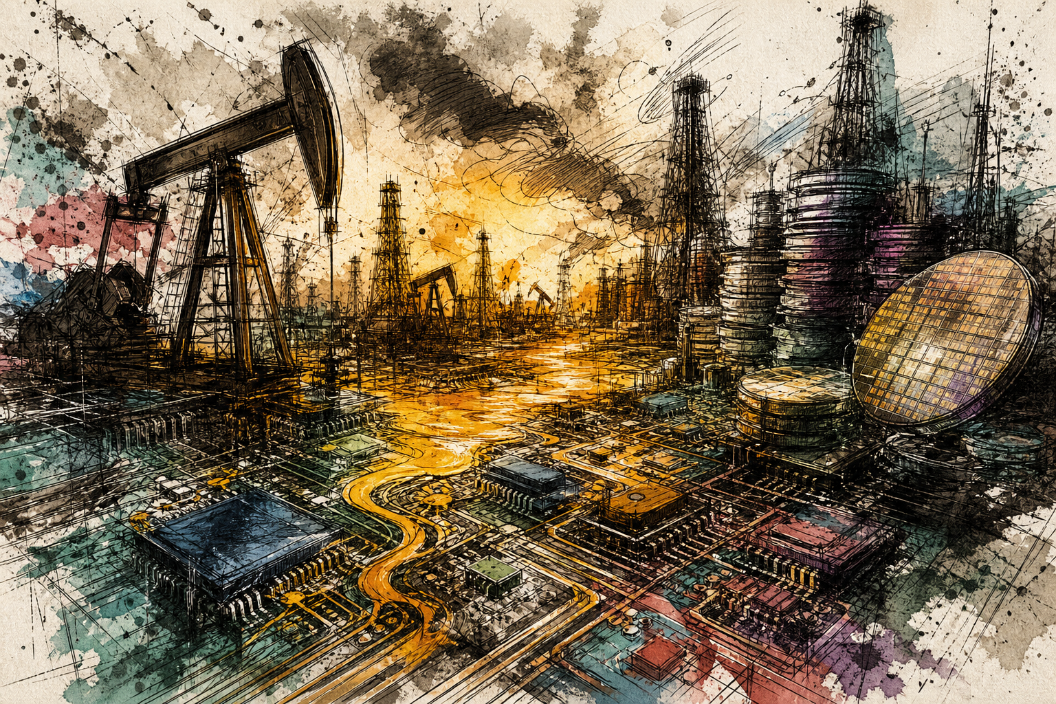 Oil derricks rising from a fractured circuit board landscape, amber crude pooling in chip traces, semiconductor wafers stacked like refinery towers