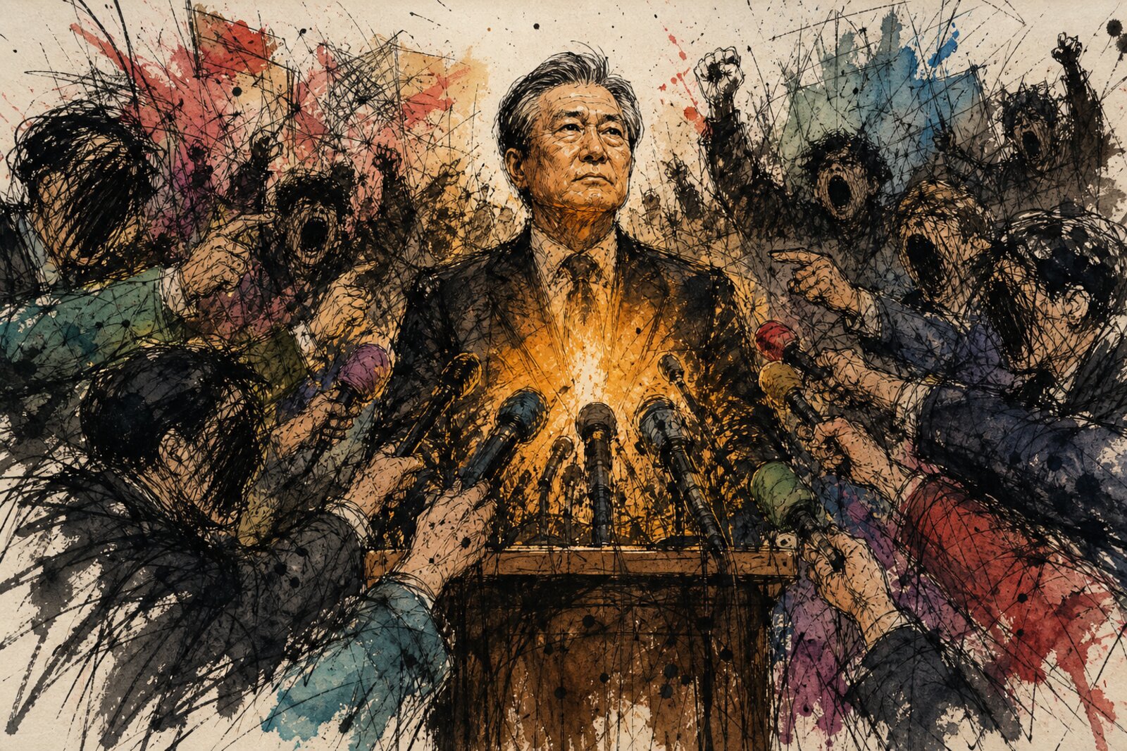 Cover Image A lone figure at a podium, amber glow radiating from their chest, surrounded by a press scrum of ink-black scribble-faced journalists with claw-like microphones and shouting protesters in furious crosshatching