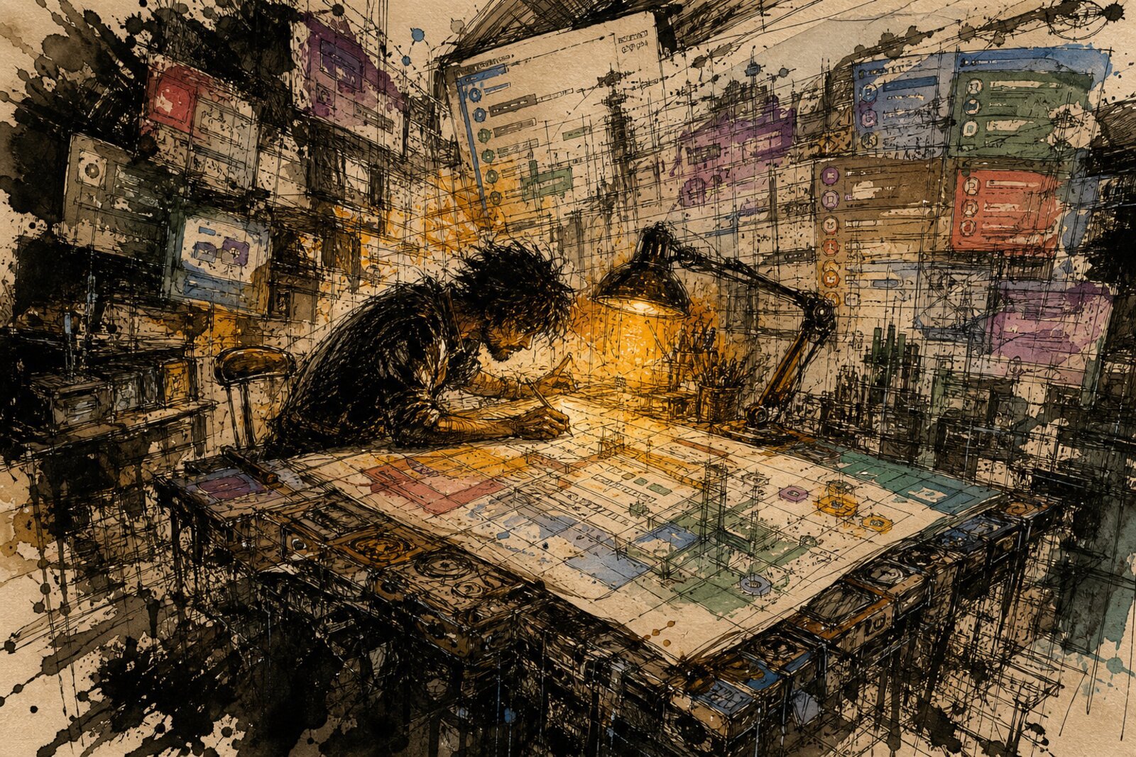 Figure hunched over a drafting table under amber light, architectural blueprints made of hybrid digital-physical schematics with channel trees and kanban columns as structural supports, the room dissolving into overlapping chat panels and code fragments