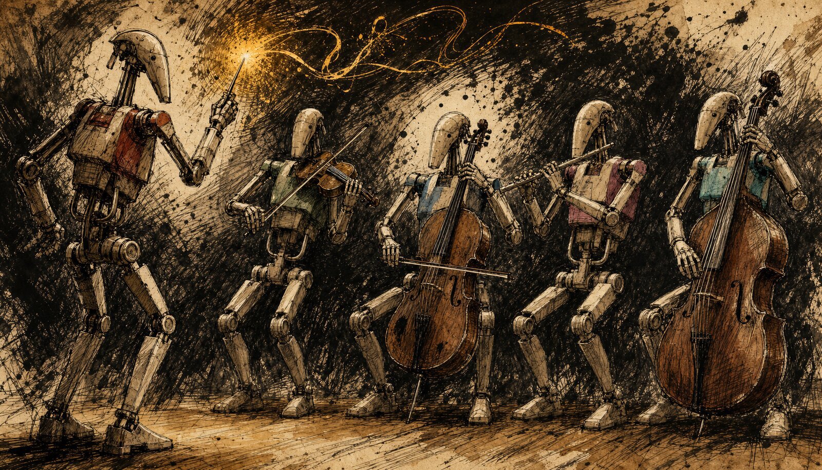 Five identical beige humanoid robots in a gonzo ink-wash illustration. The robot on the far left stands as conductor with a raised baton emitting amber glow. The other four sit playing stringed instruments. Vintage hand-drawn style on warm parchment, ink splatter and crosshatching throughout.