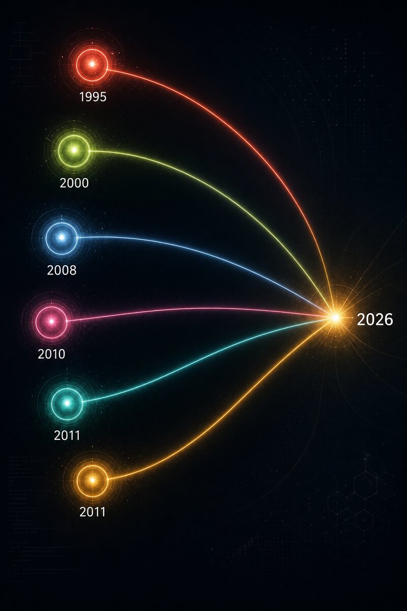 Editorial infographic showing six colored nodes in an arc, each labeled with a year from 1995 to 2011, their luminous threads converging on a single bright point labeled 2026.