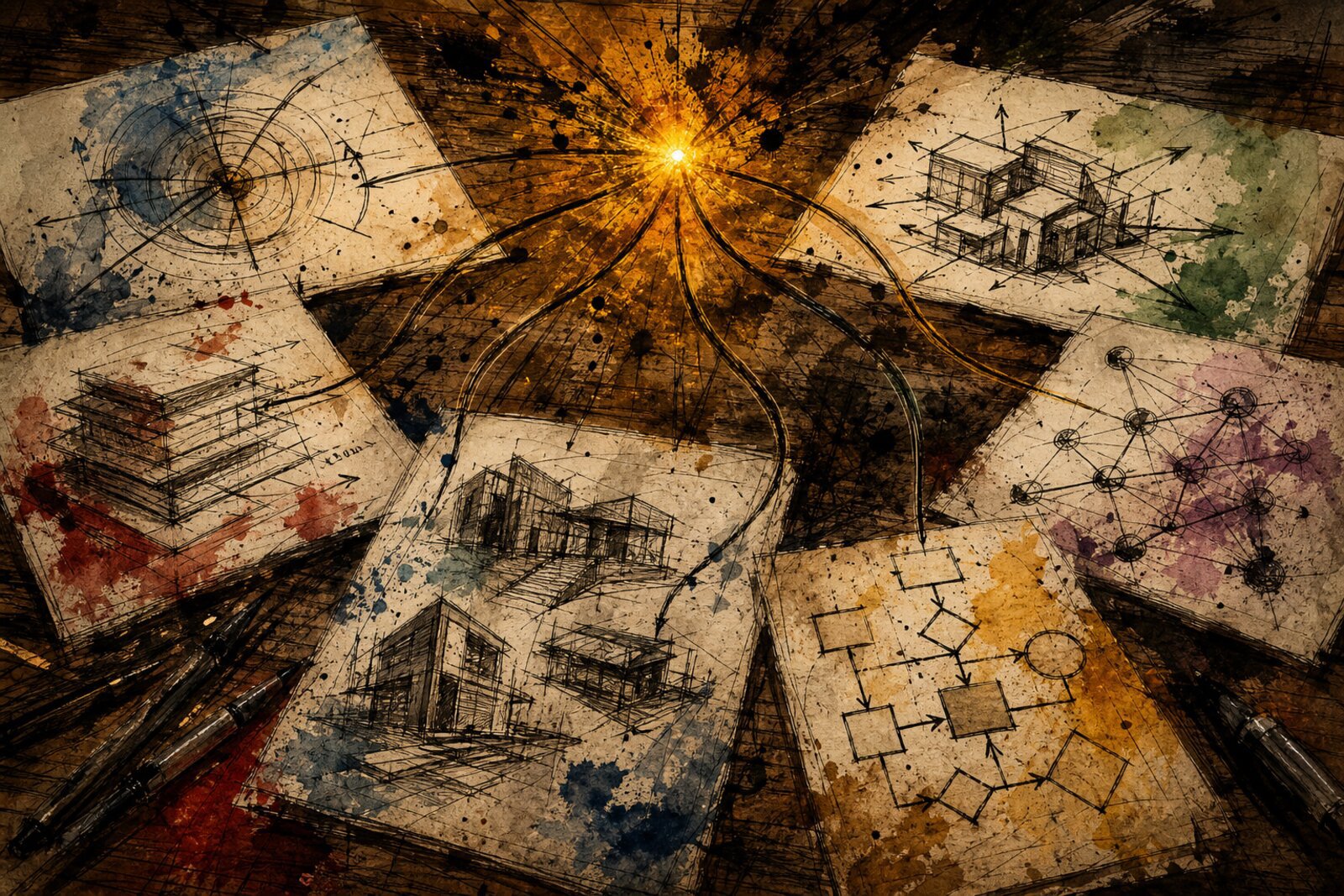 Cover Image Gonzo ink illustration of six scattered architectural diagrams on a wooden drafting table, each with a single ink line lifting off the paper and converging into an amber glow above the center. Ink splatter and crosshatching throughout.