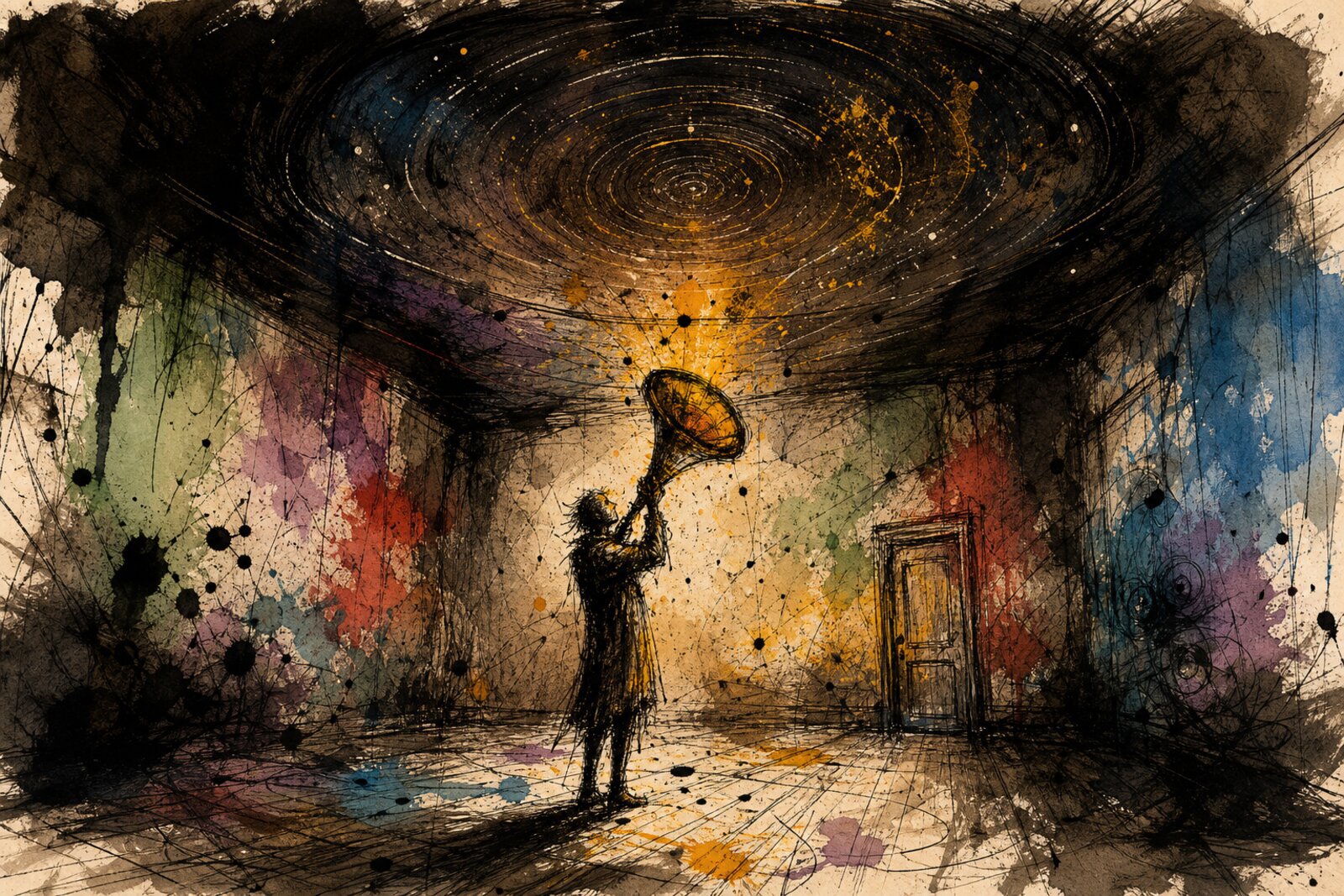 A figure standing in a dark room, holding a listening device aimed at the ceiling where faint ripples in the dark are just barely visible