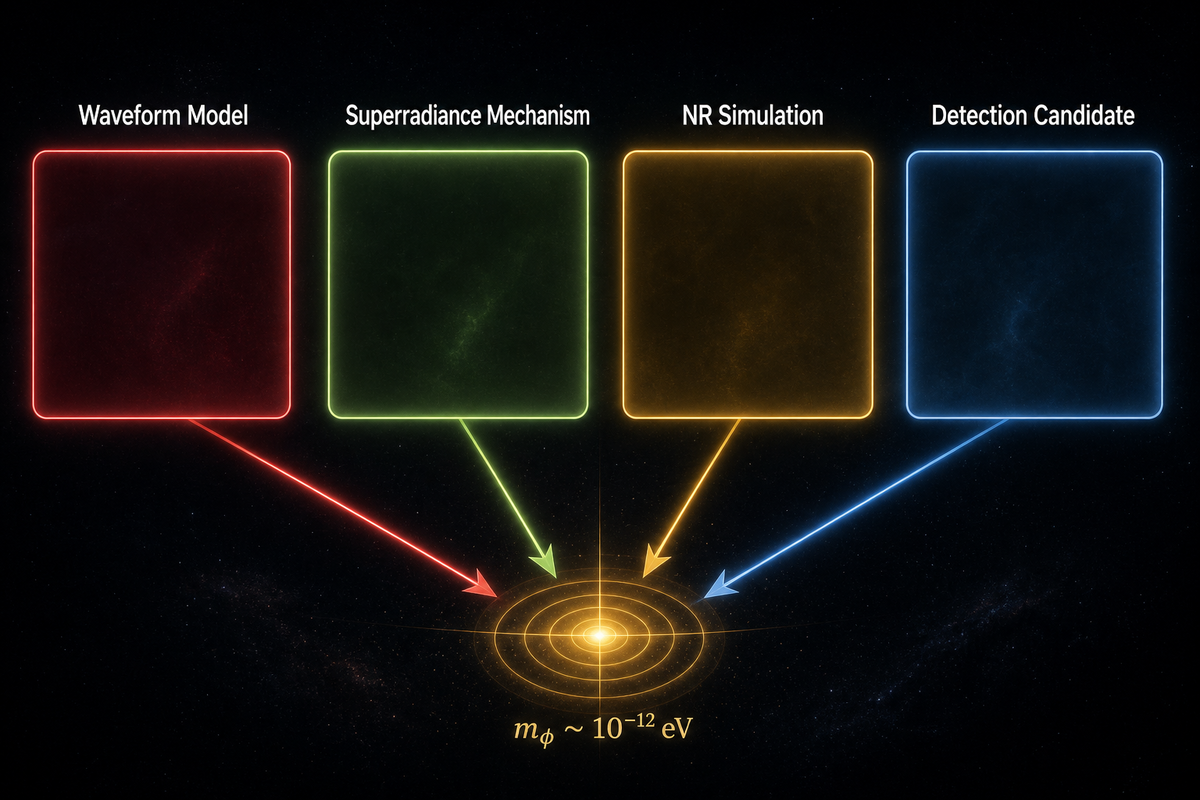Four colored boxes labeled Waveform Model, Superradiance Mechanism, NR Simulation, and Detection Candidate with arrows converging on a target reading m_φ ~ 10⁻¹² eV